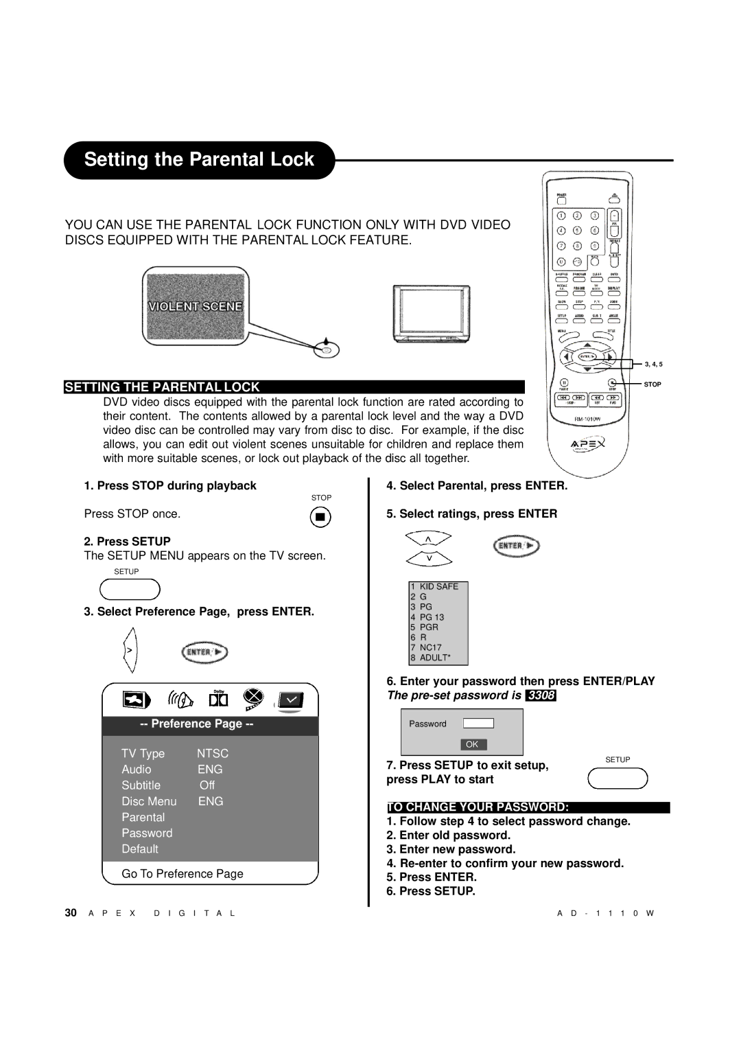 Apex Digital AD-1110W operating instructions Setting the Parental Lock, Press Stop during playback, Press Setup 