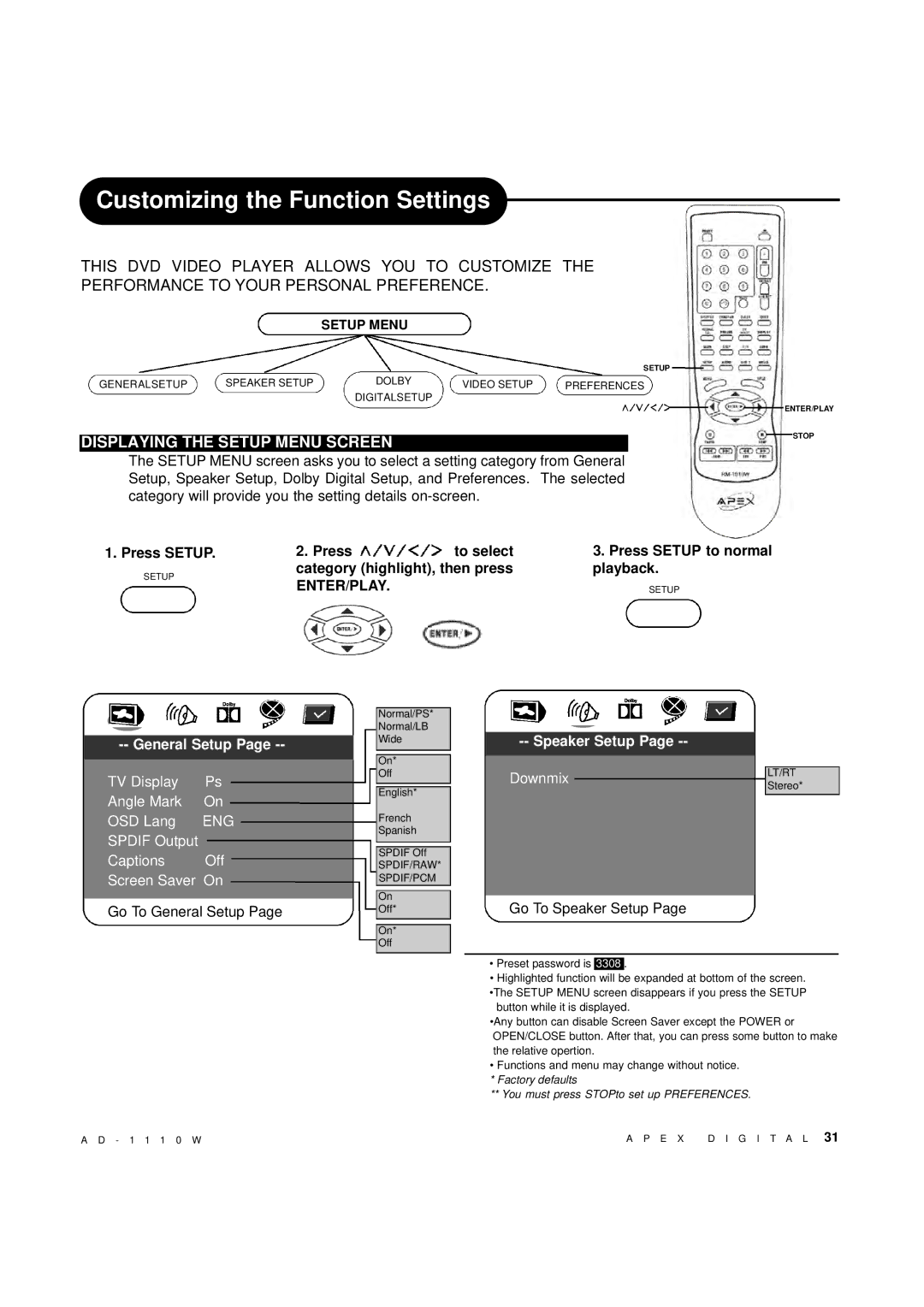 Apex Digital AD-1110W Customizing the Function Settings, Displaying the Setup Menu Screen, Press Setup to normal playback 