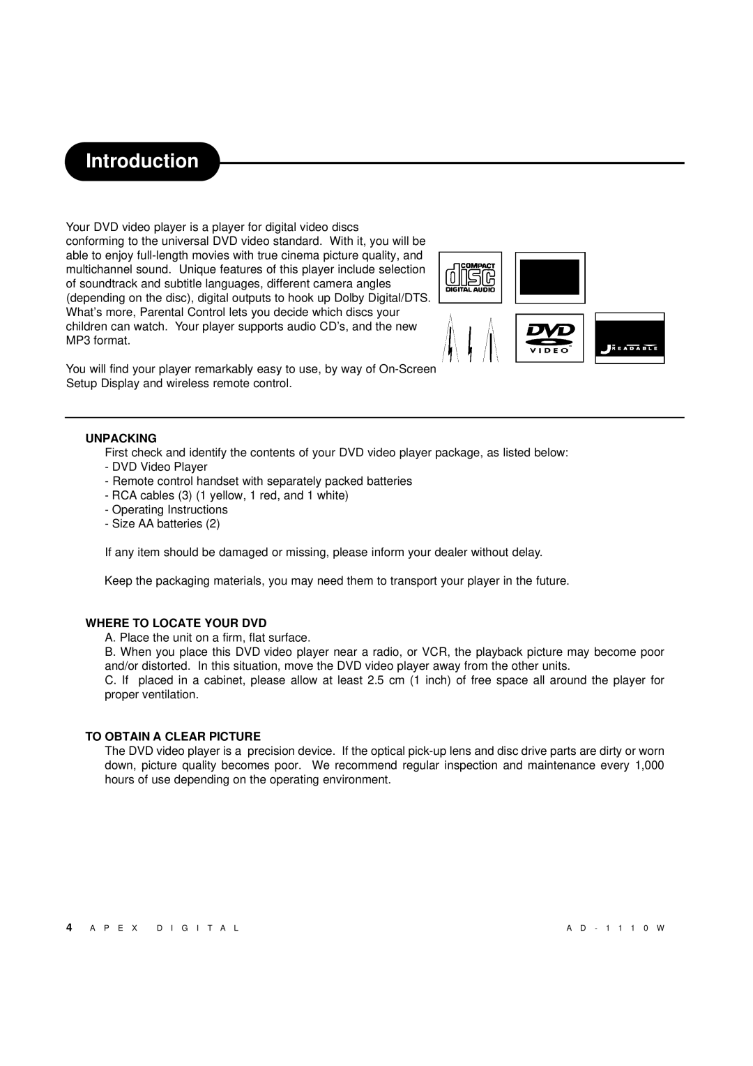 Apex Digital AD-1110W operating instructions Introduction, Unpacking 