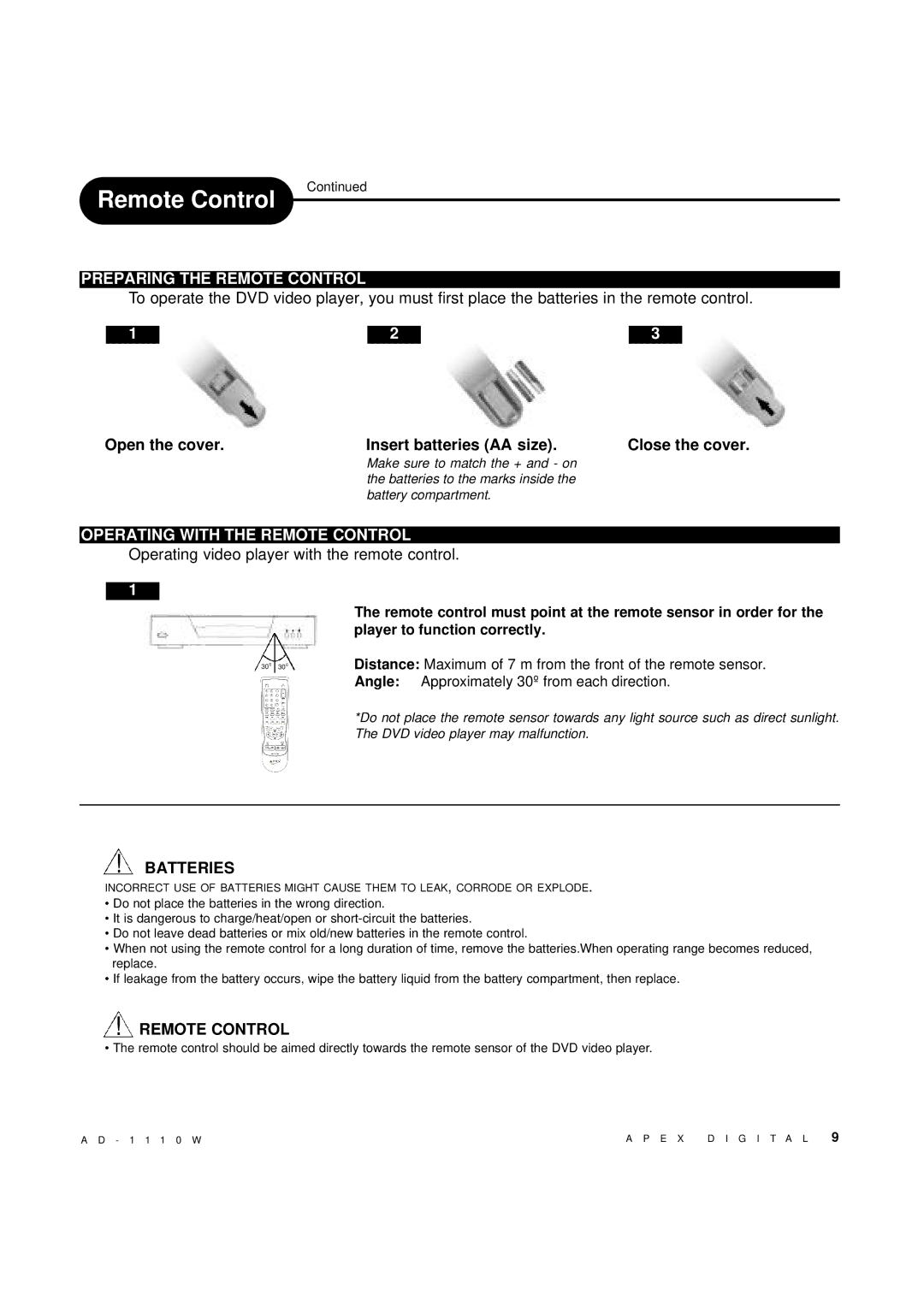 Apex Digital AD-1110W operating instructions Preparing the Remote Control, Operating with the Remote Control 