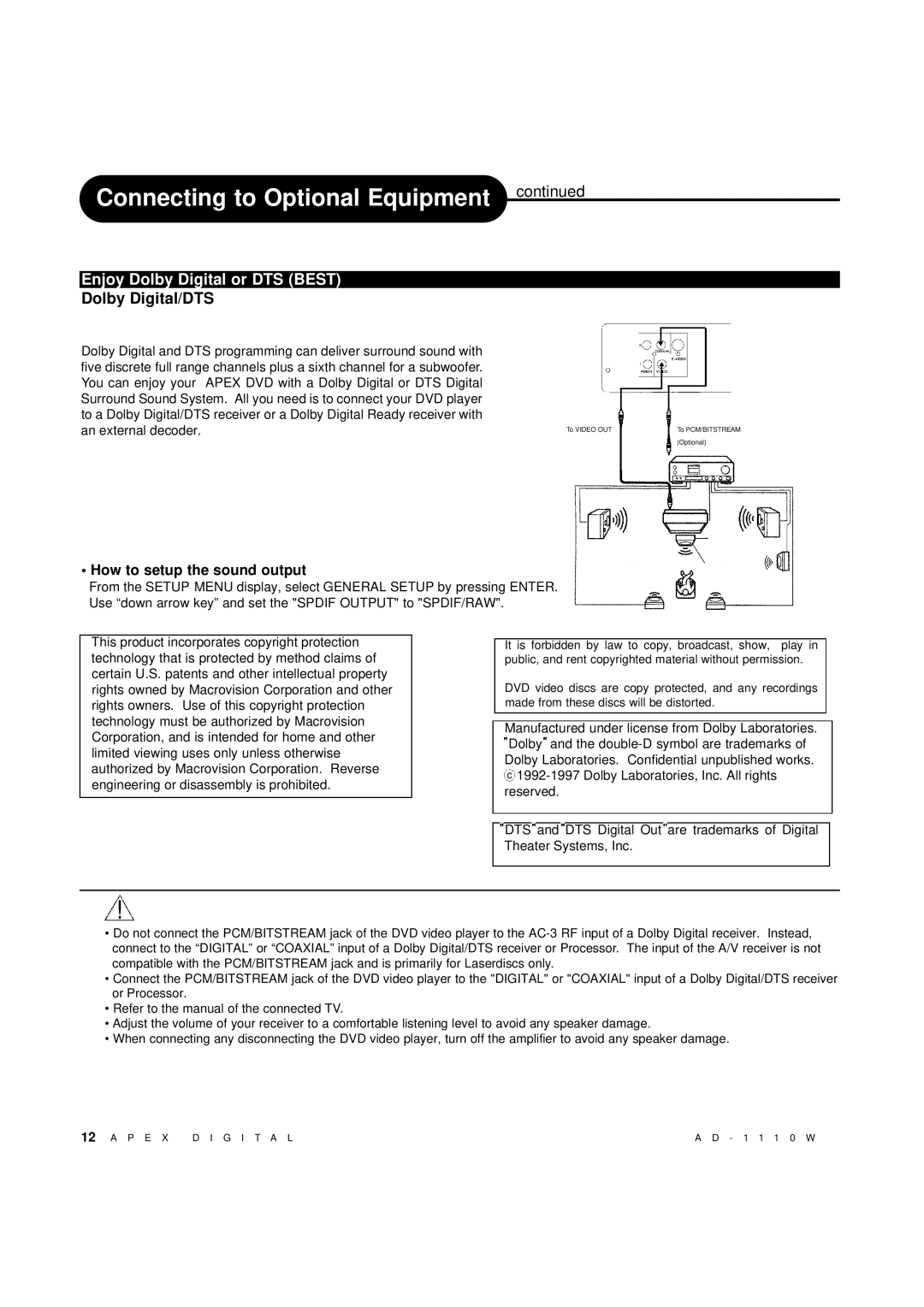 Apex Digital AD-1110W operating instructions Connecting to Optional Equipment, Enjoy Dolby Digital or DTS Best 