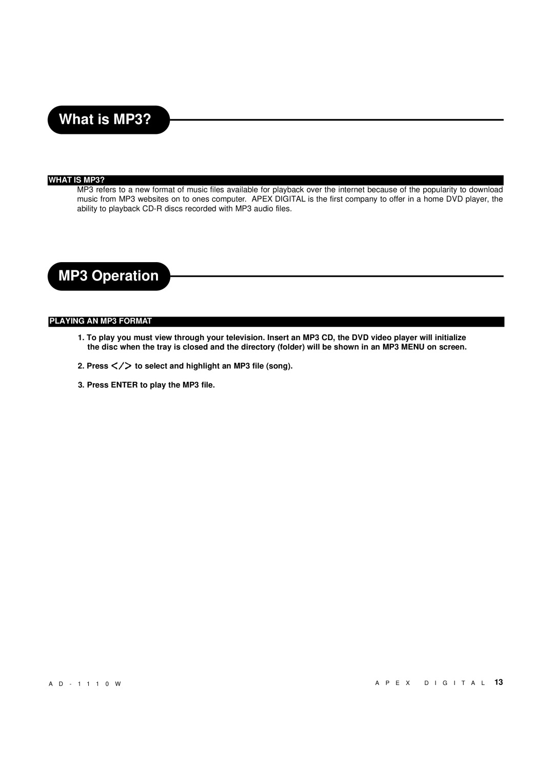 Apex Digital AD-1110W operating instructions What is MP3?, MP3 Operation 