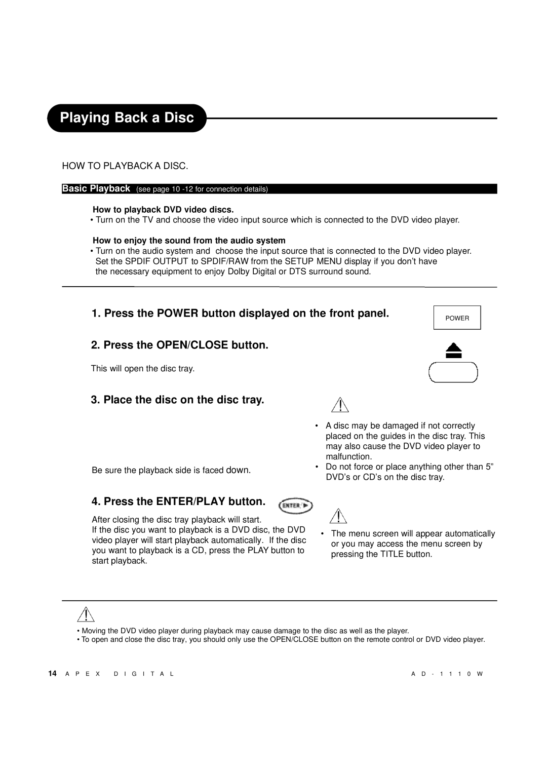 Apex Digital AD-1110W Playing Back a Disc, How to playback DVD video discs, How to enjoy the sound from the audio system 
