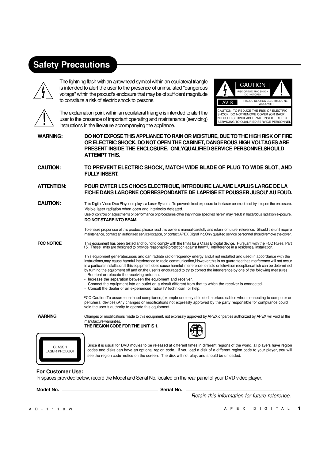 Apex Digital AD-1110W operating instructions Safety Precautions, For Customer Use 