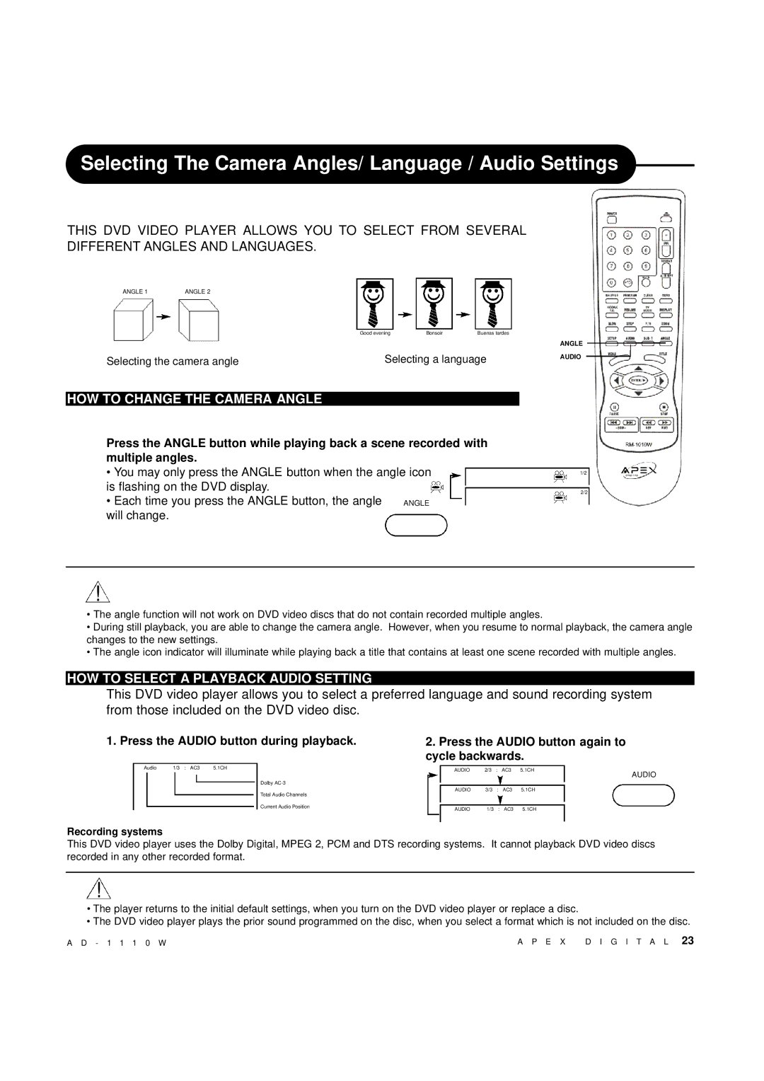 Apex Digital AD-1110W Selecting The Camera Angles/ Language / Audio Settings, HOW to Change the Camera Angle 