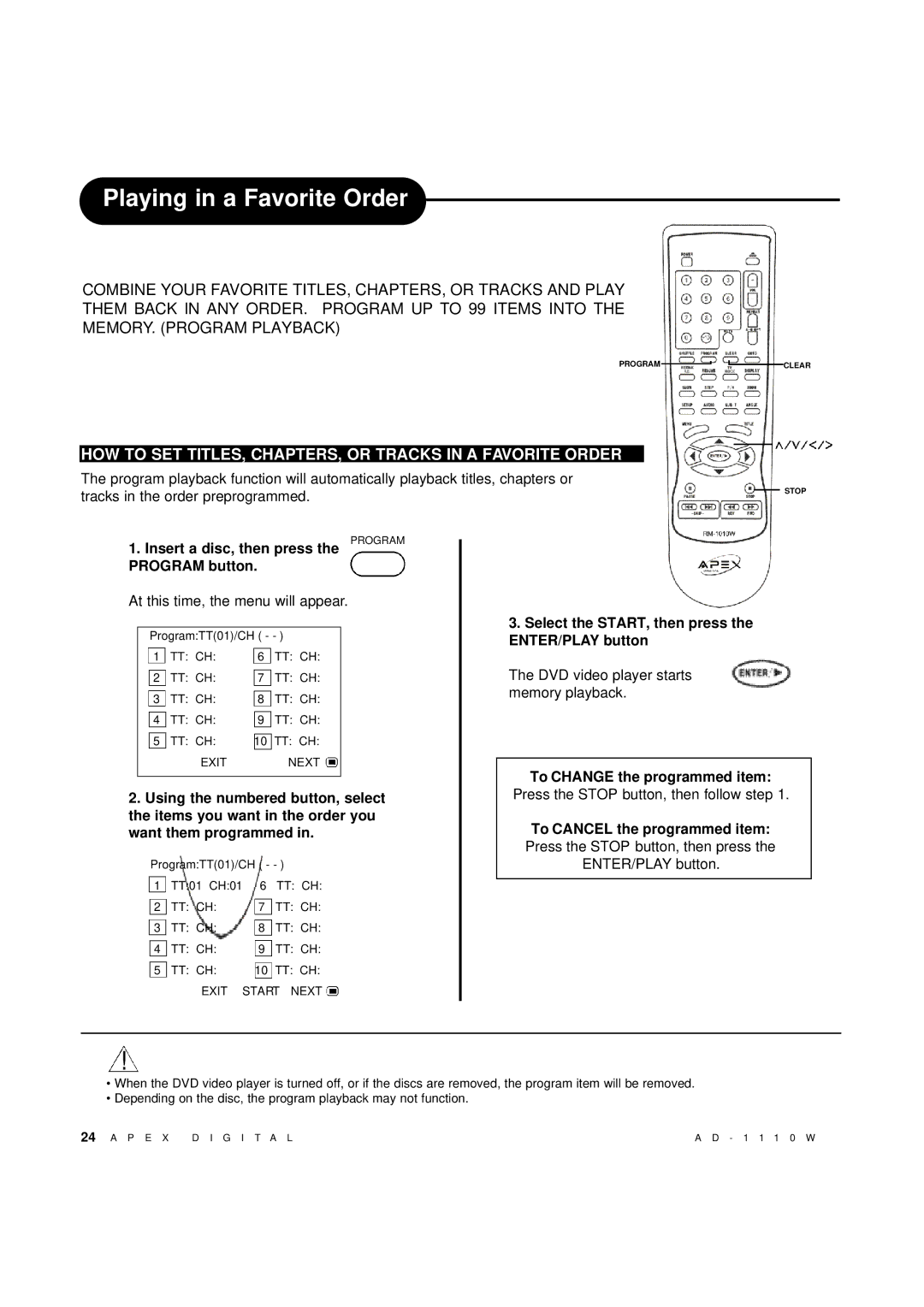 Apex Digital AD-1110W Playing in a Favorite Order, HOW to SET TITLES, CHAPTERS, or Tracks in a Favorite Order 