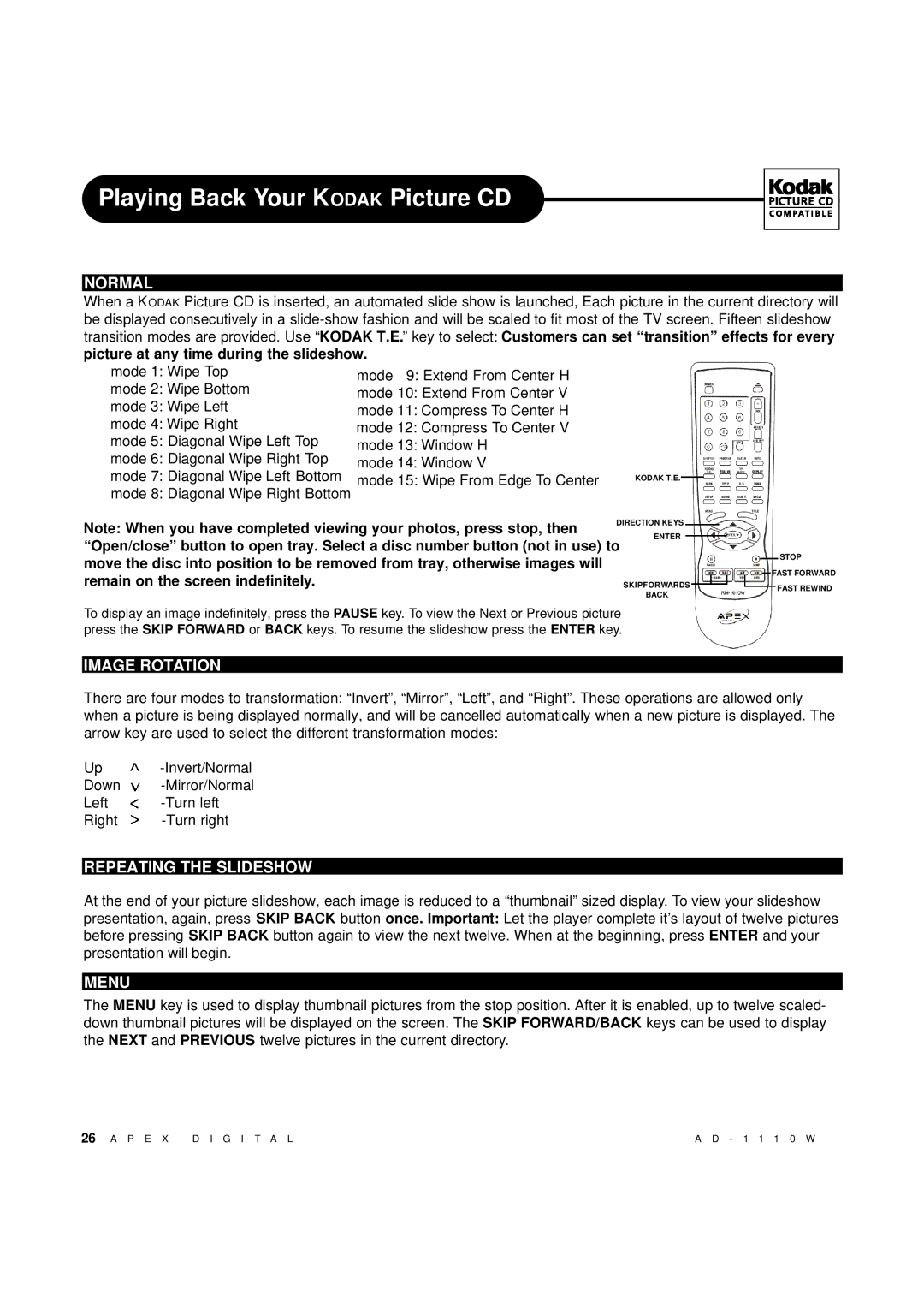 Apex Digital AD-1110W Playing Back Your Kodak Picture CD, Normal, Image Rotation, Repeating the Slideshow, Menu 