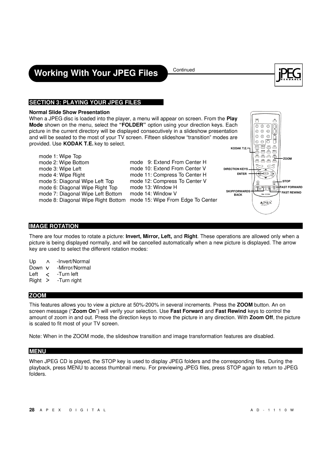 Apex Digital AD-1110W operating instructions Playing Your Jpeg Files, Zoom, Normal Slide Show Presentation 