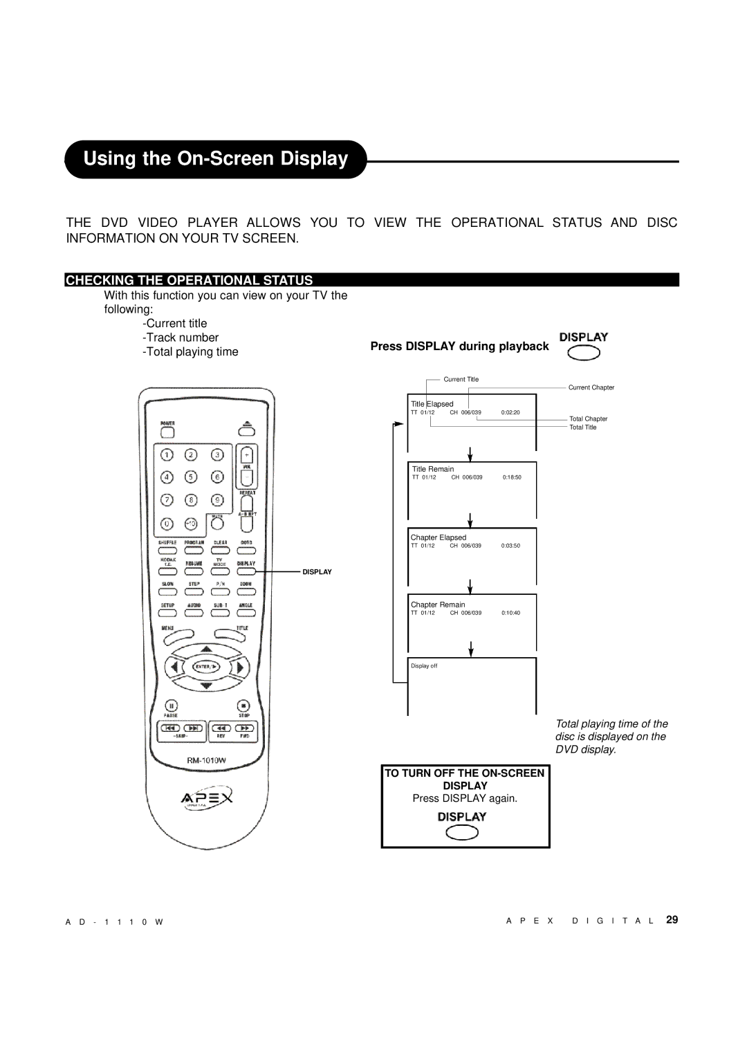 Apex Digital AD-1110W Using the On-Screen Display, Checking the Operational Status, Press Display during playback 