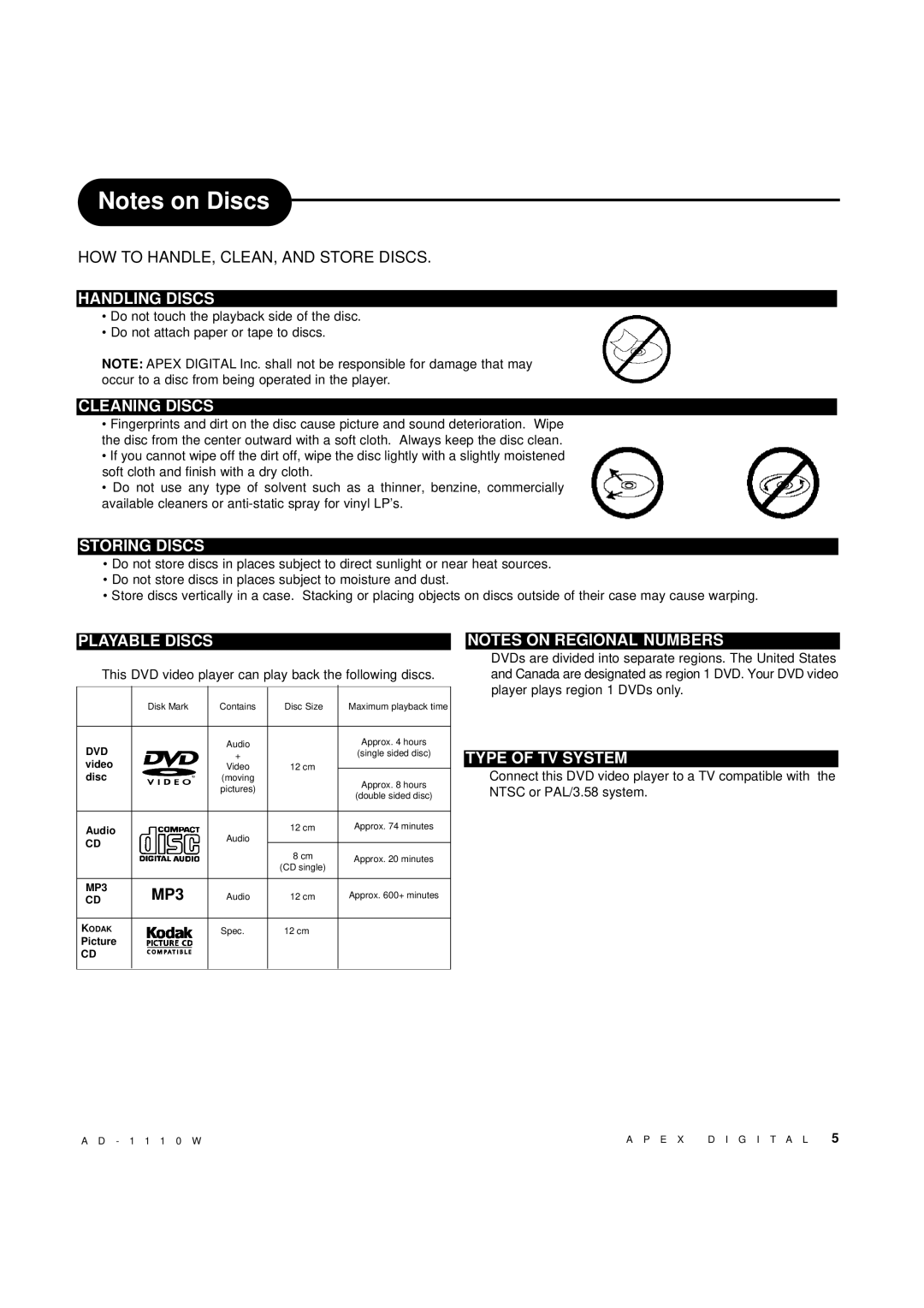 Apex Digital AD-1110W Handling Discs, Cleaning Discs, Storing Discs, Playable Discs, Type of TV System 