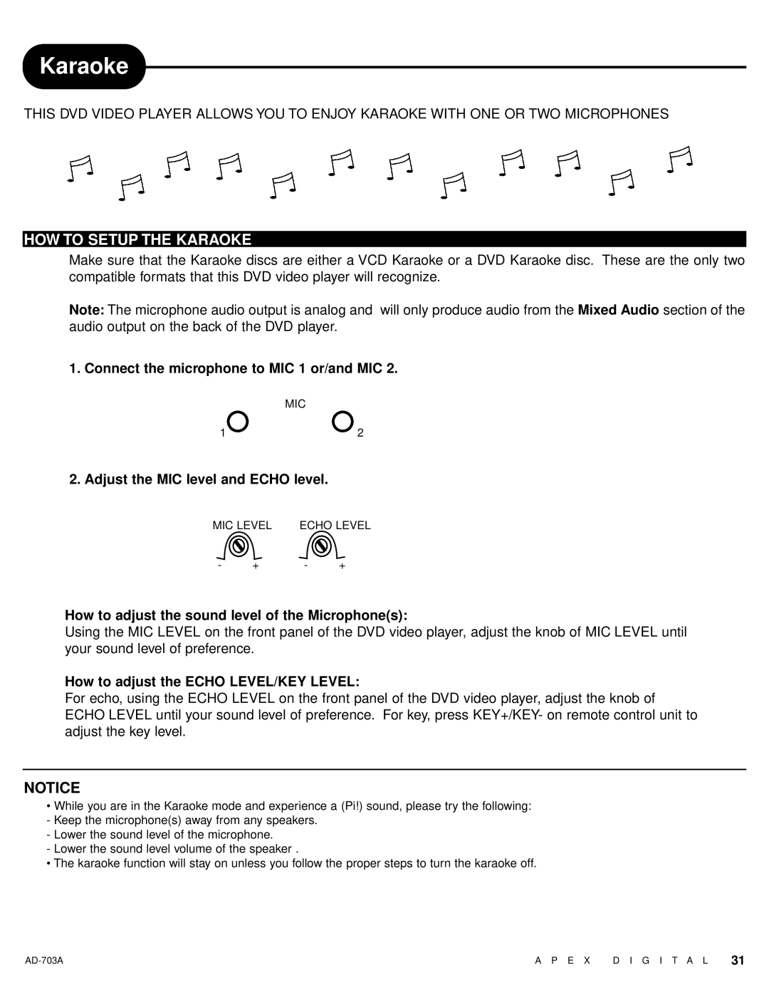 Apex Digital AD-703A warranty HOW to Setup the Karaoke, Connect the microphone to MIC 1 or/and MIC 