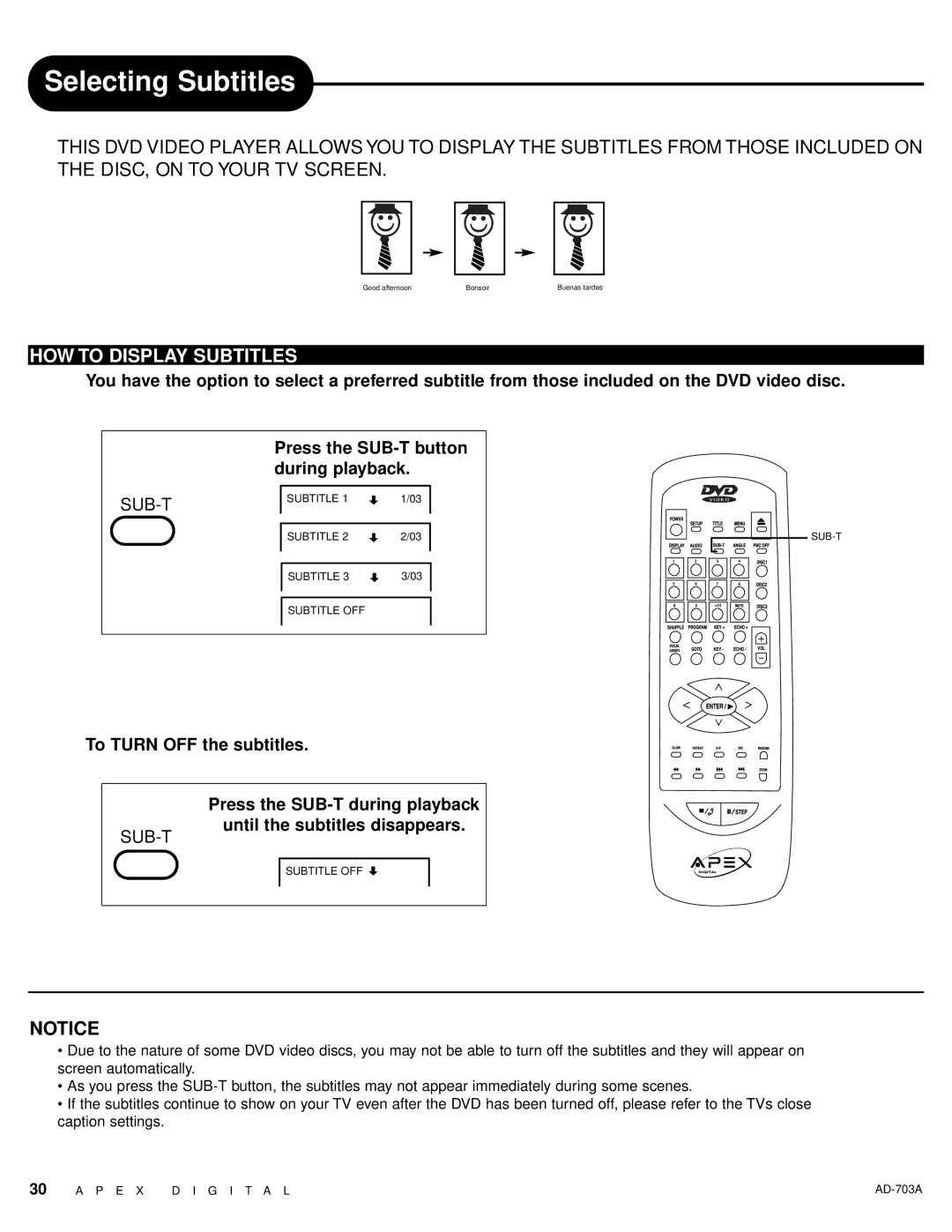 Apex Digital AD-703A warranty Selecting Subtitles, HOW to Display Subtitles, Until the subtitles disappears 