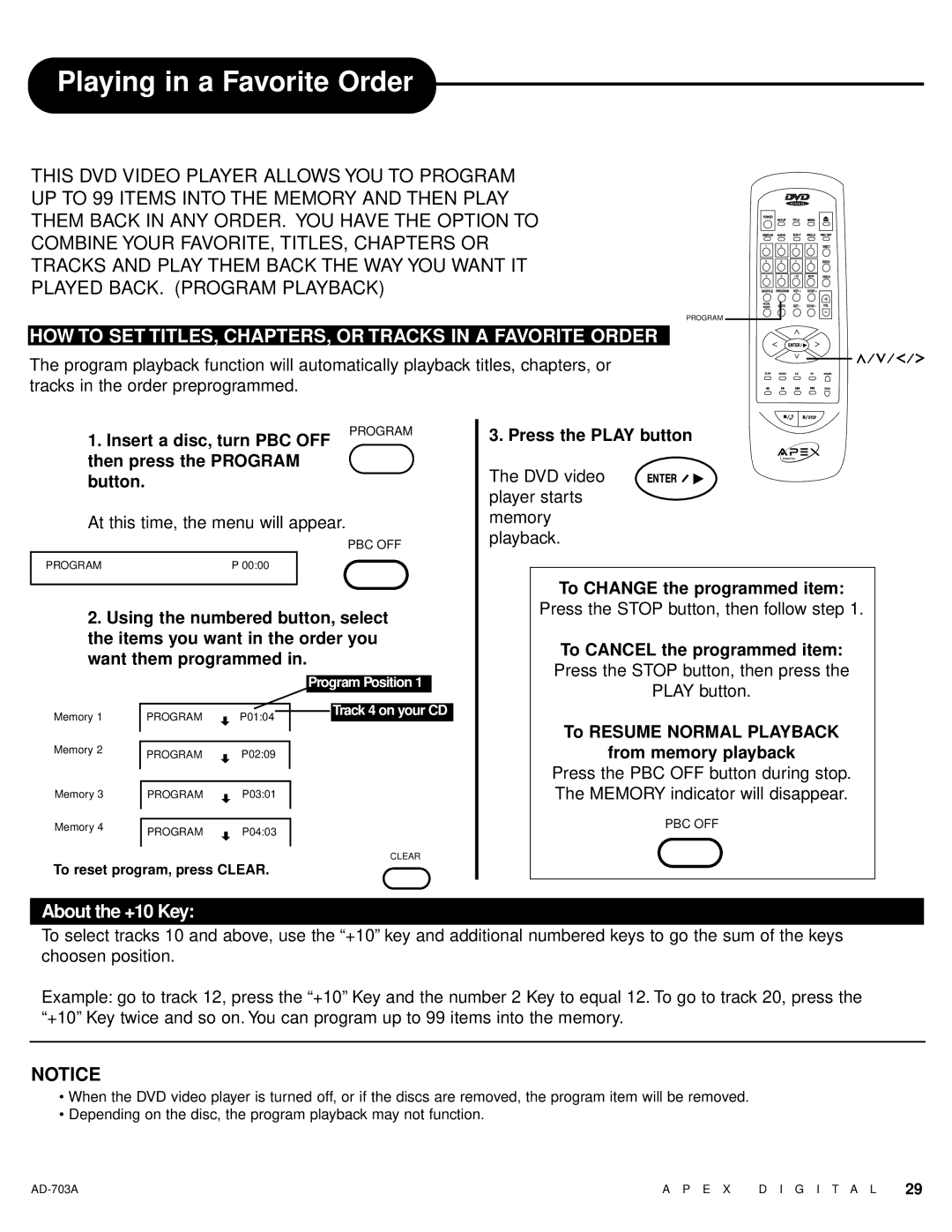 Apex Digital AD-703A warranty Playing in a Favorite Order, HOW to SET TITLES, CHAPTERS, or Tracks in a Favorite Order 