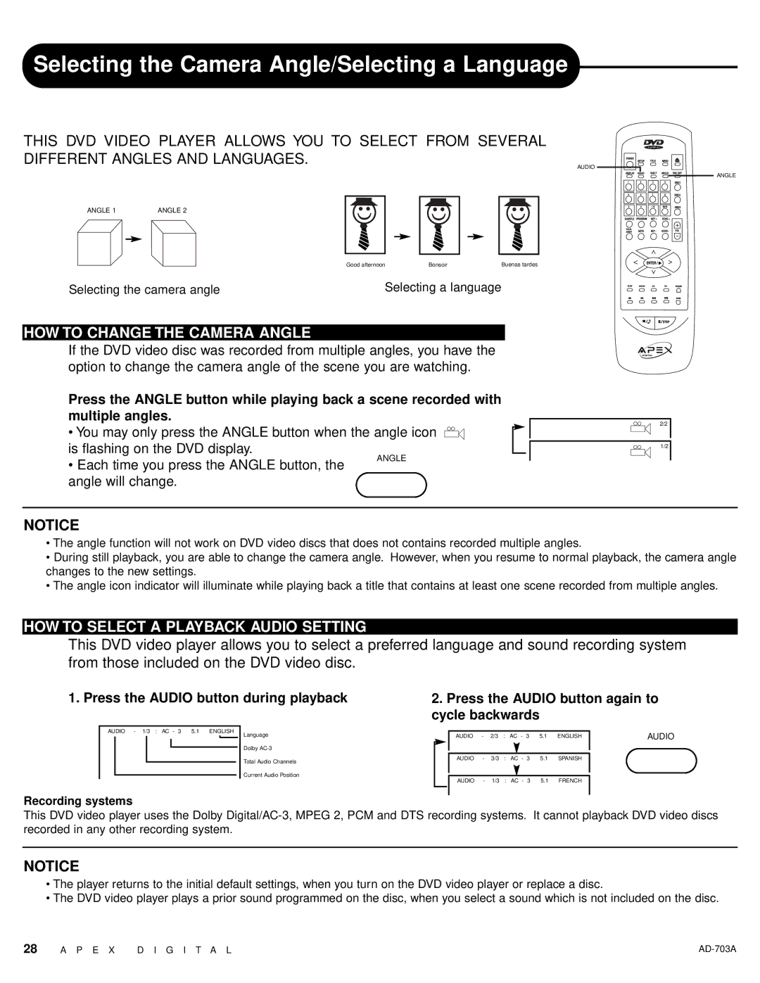 Apex Digital AD-703A warranty Selecting the Camera Angle/Selecting a Language, HOW to Change the Camera Angle 