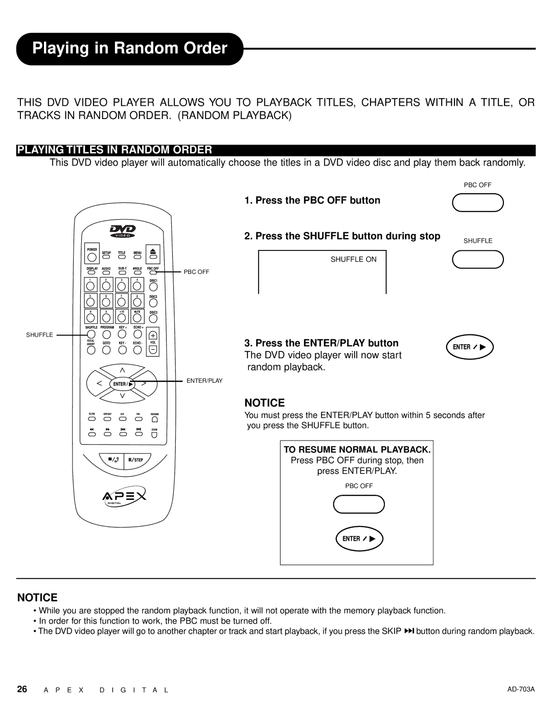 Apex Digital AD-703A warranty Playing in Random Order, Playing Titles in Random Order 