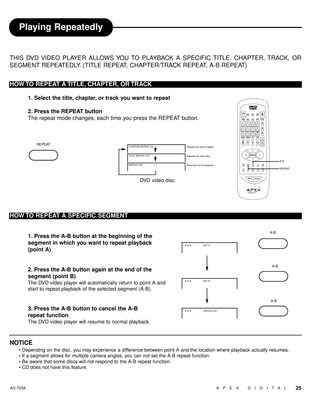 Apex Digital AD-703A Playing Repeatedly, HOW to Repeat a TITLE, CHAPTER, or Track, HOW to Repeat a Specific Segment 