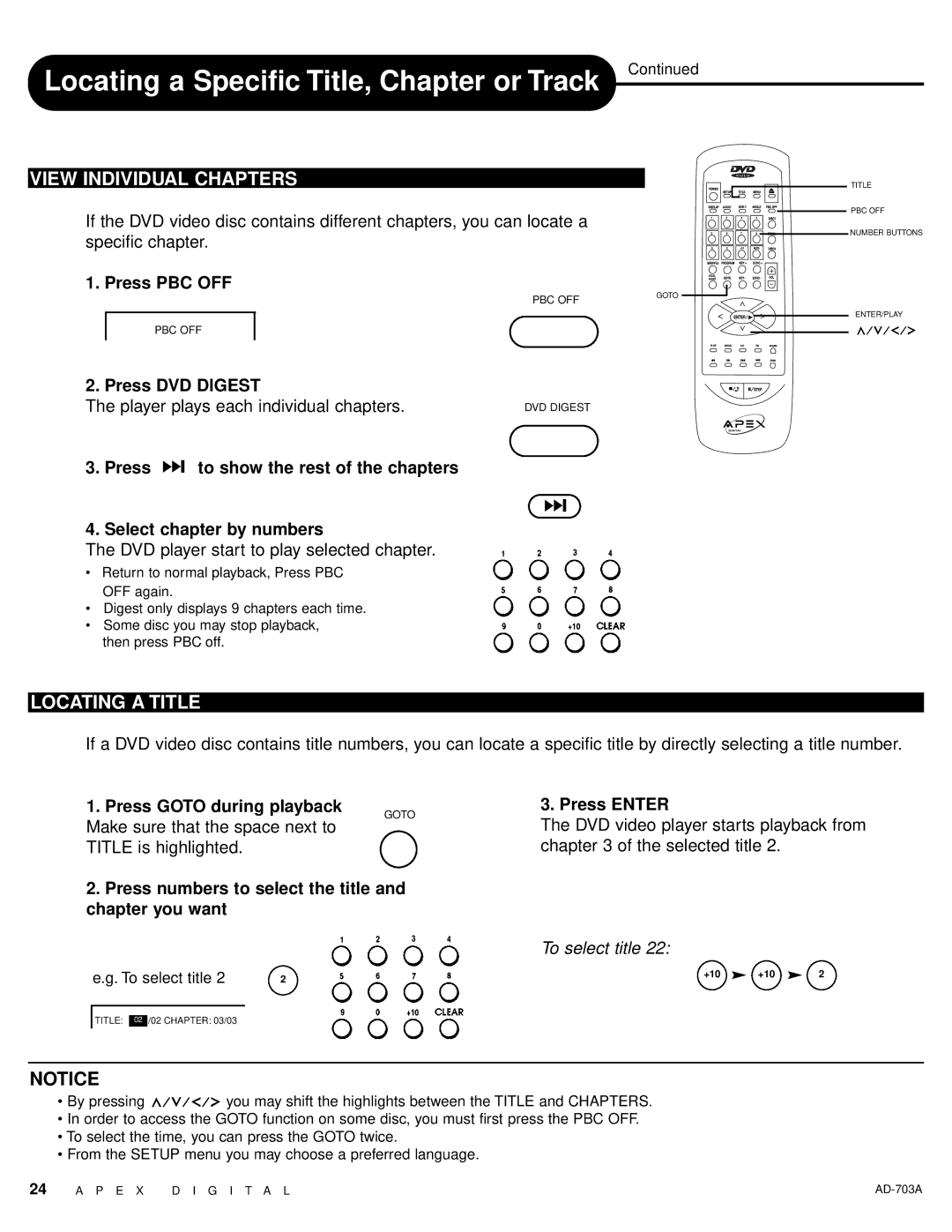 Apex Digital AD-703A warranty Locating a Specific Title, Chapter or Track, View Individual Chapters, Locating a Title 