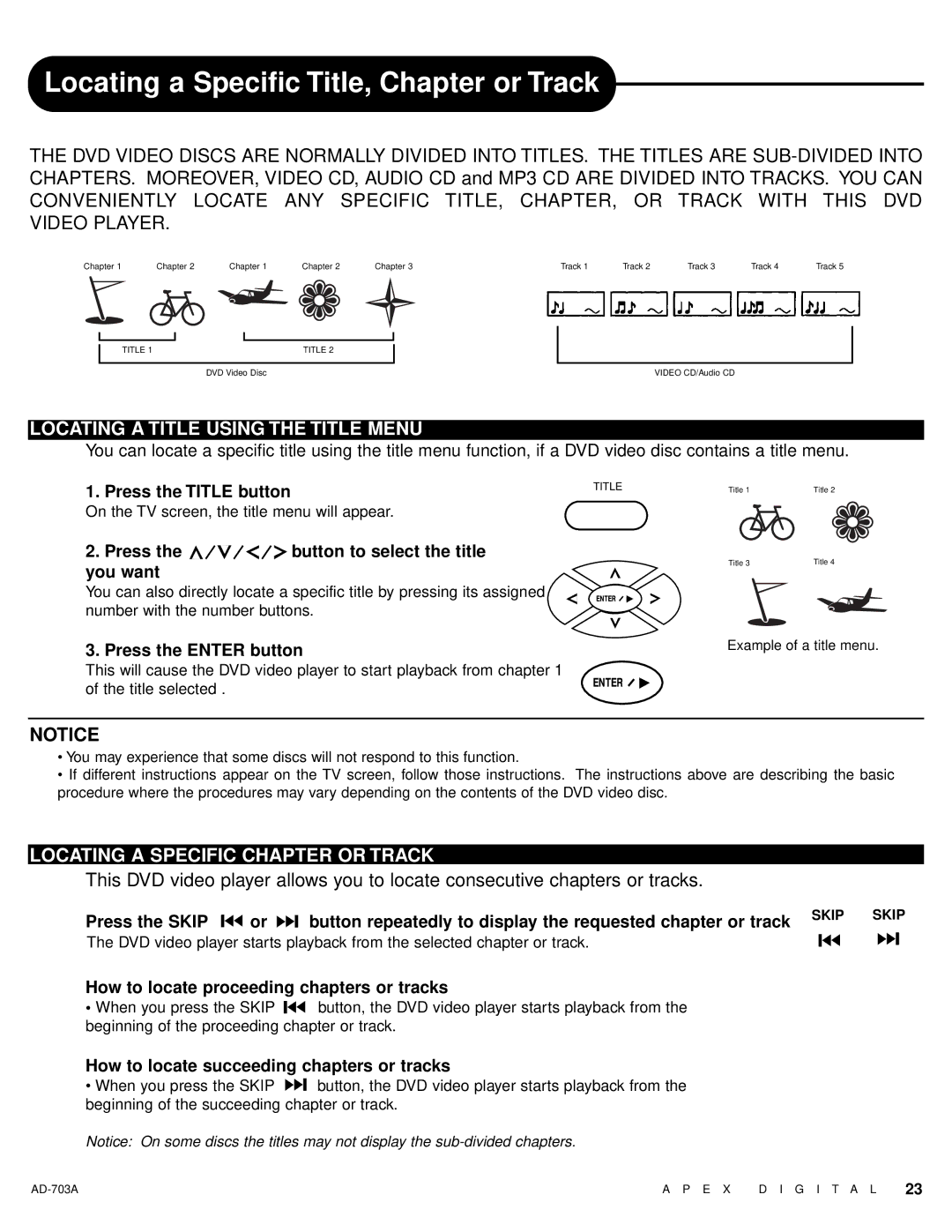 Apex Digital AD-703A warranty Locating a Title Using the Title Menu, Locating a Specific Chapter or Track 