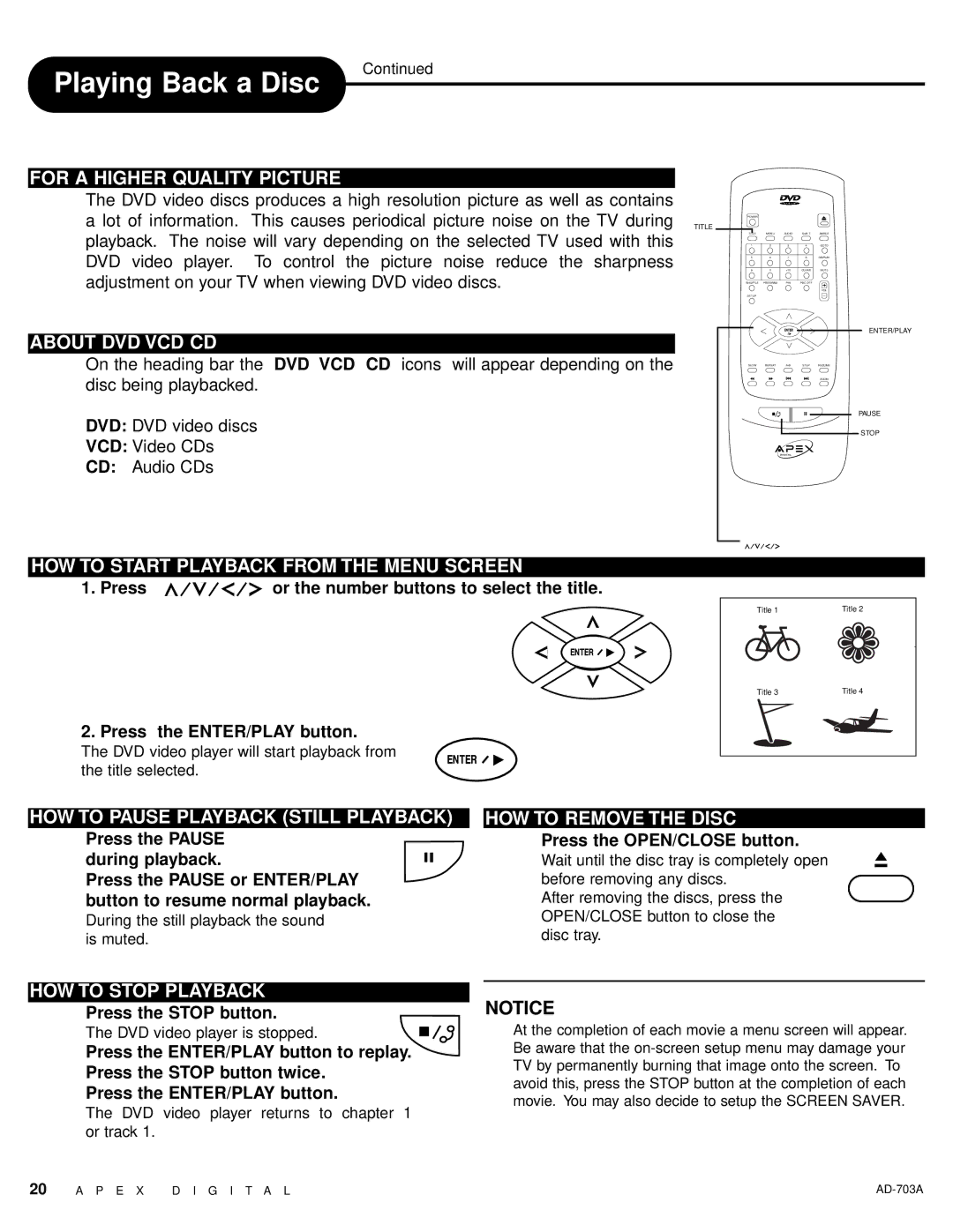 Apex Digital AD-703A warranty For a Higher Quality Picture, About DVD VCD CD, HOW to Start Playback from the Menu Screen 