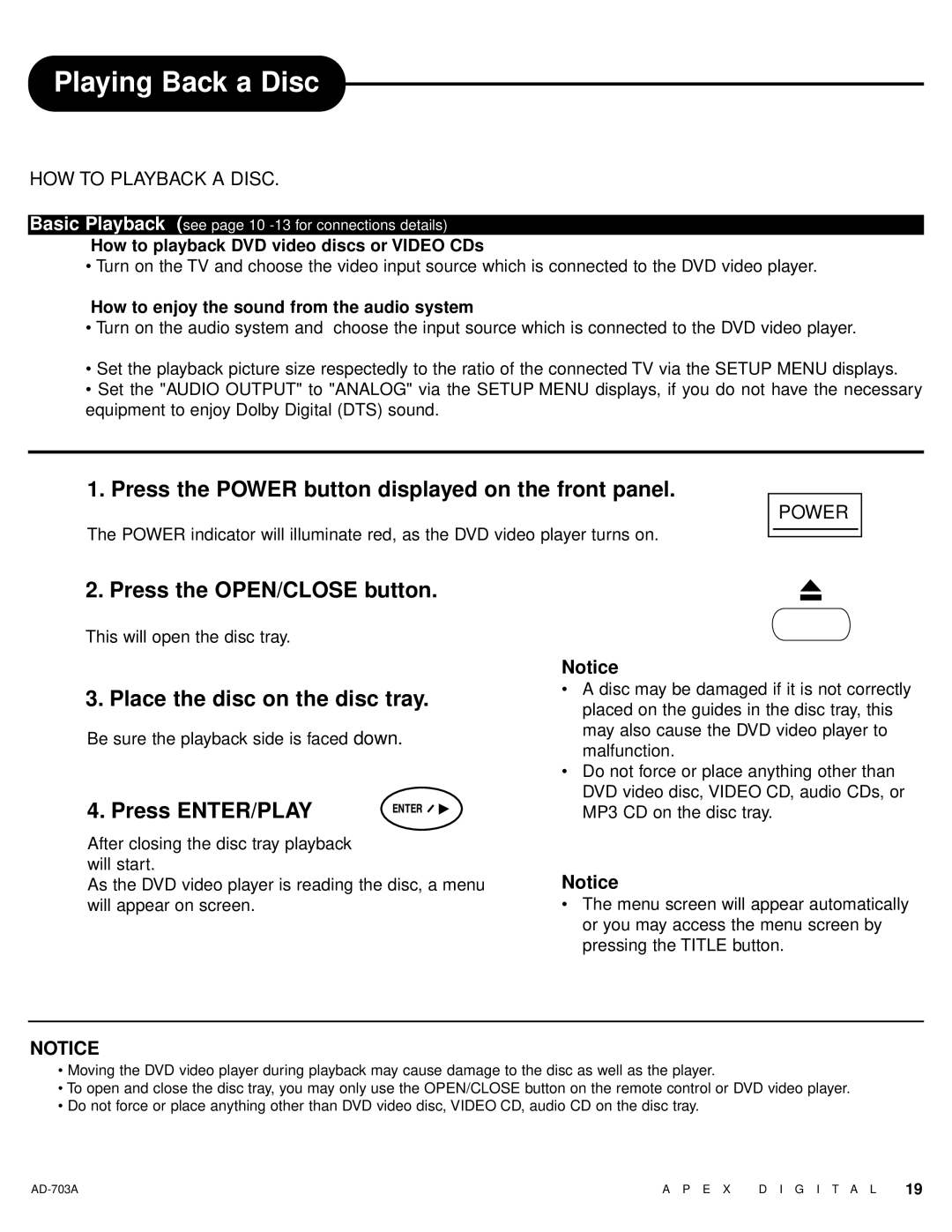 Apex Digital AD-703A warranty How to playback DVD video discs or Video CDs, How to enjoy the sound from the audio system 