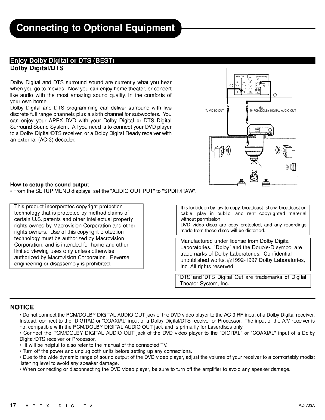Apex Digital AD-703A warranty Enjoy Dolby Digital or DTS Best 