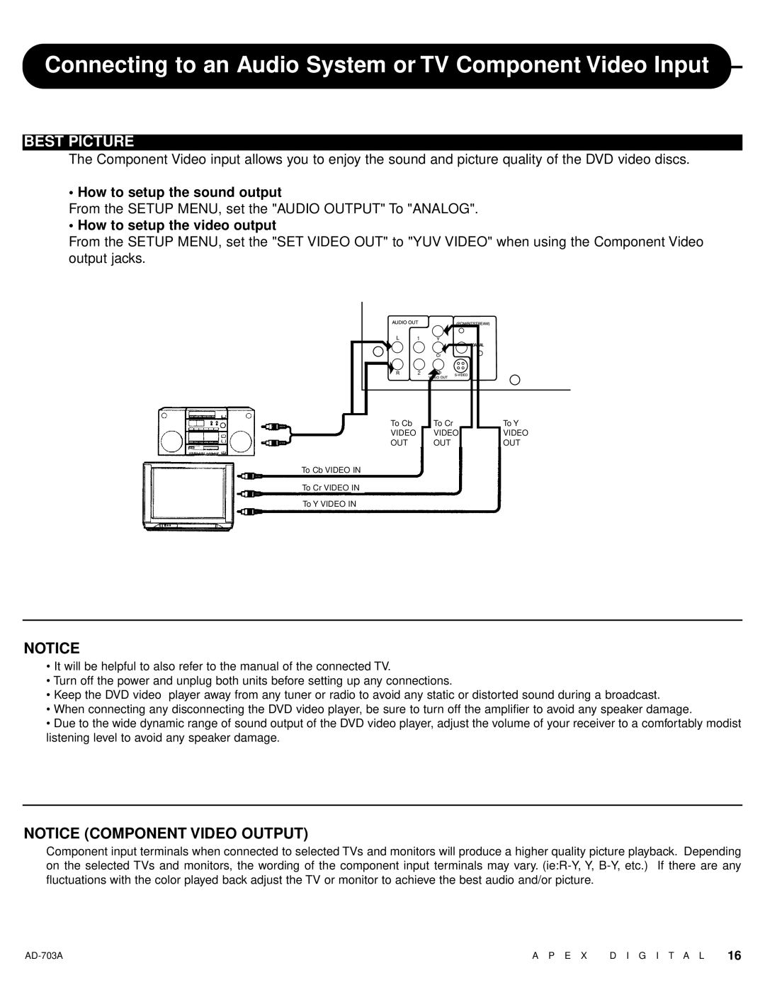 Apex Digital AD-703A warranty Connecting to an Audio System or TV Component Video Input, Best Picture 