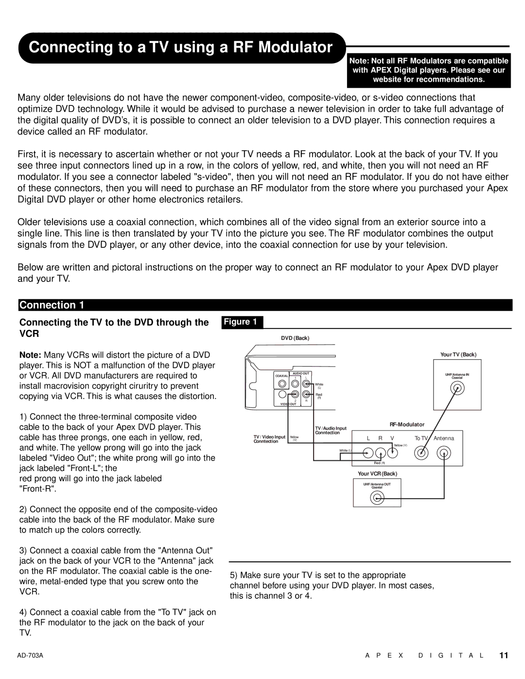 Apex Digital AD-703A warranty Connecting the TV to the DVD through, On the RF modulator. The coaxial cable is the one 