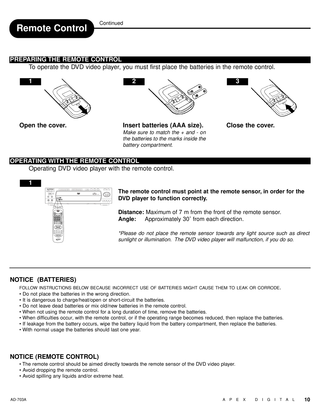 Apex Digital AD-703A warranty Preparing the Remote Control, Operating with the Remote Control 