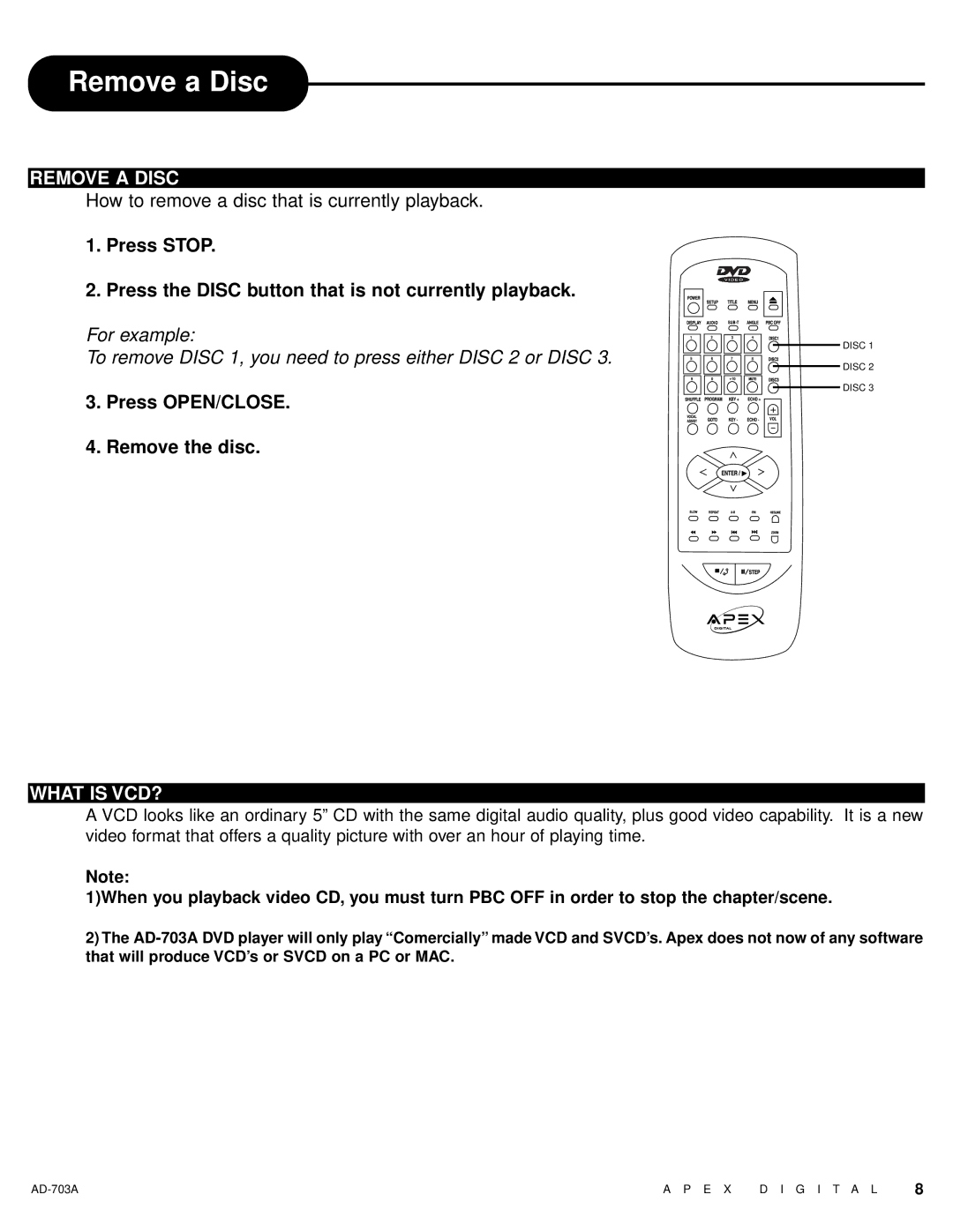 Apex Digital AD-703A warranty Remove a Disc, What is VCD? 