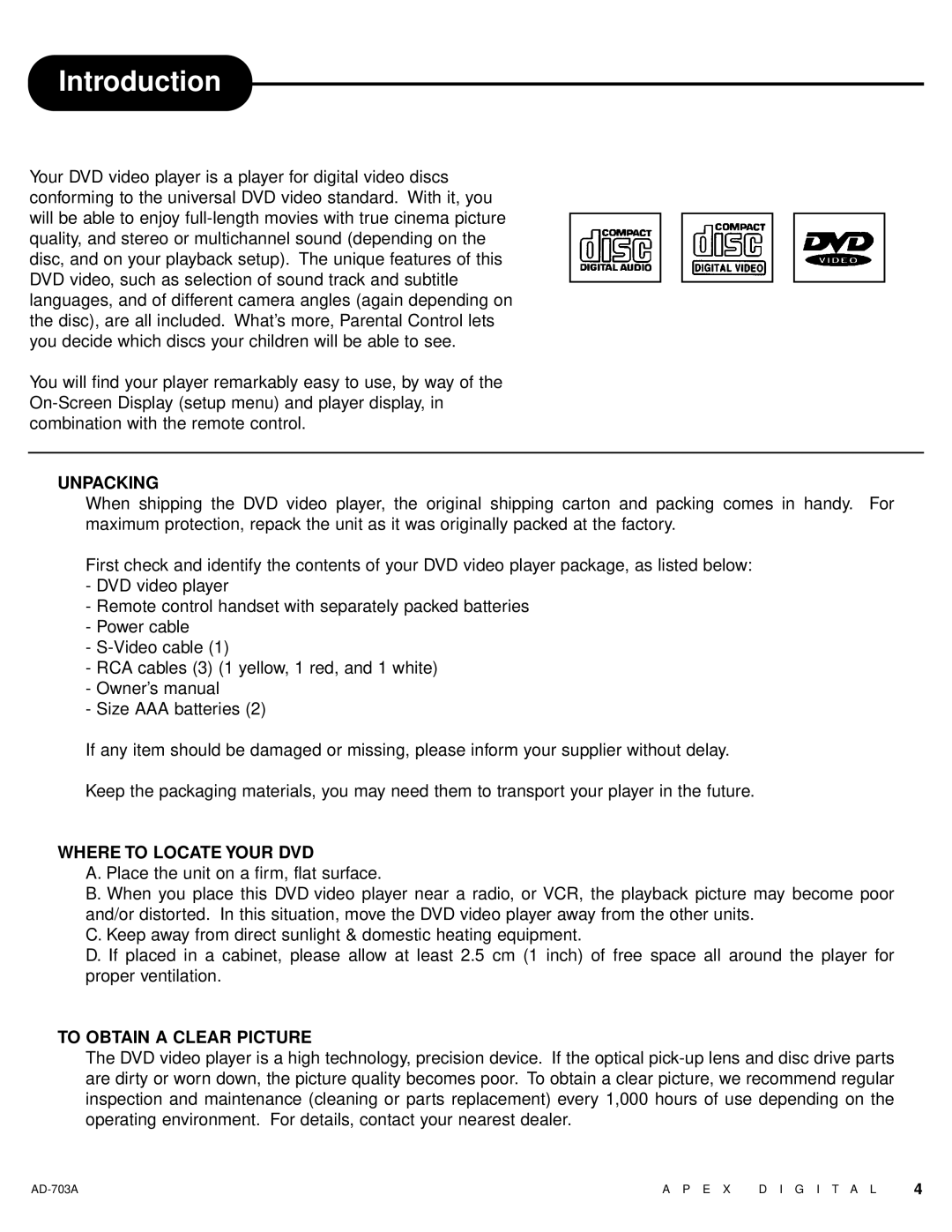 Apex Digital AD-703A warranty Introduction, Unpacking 