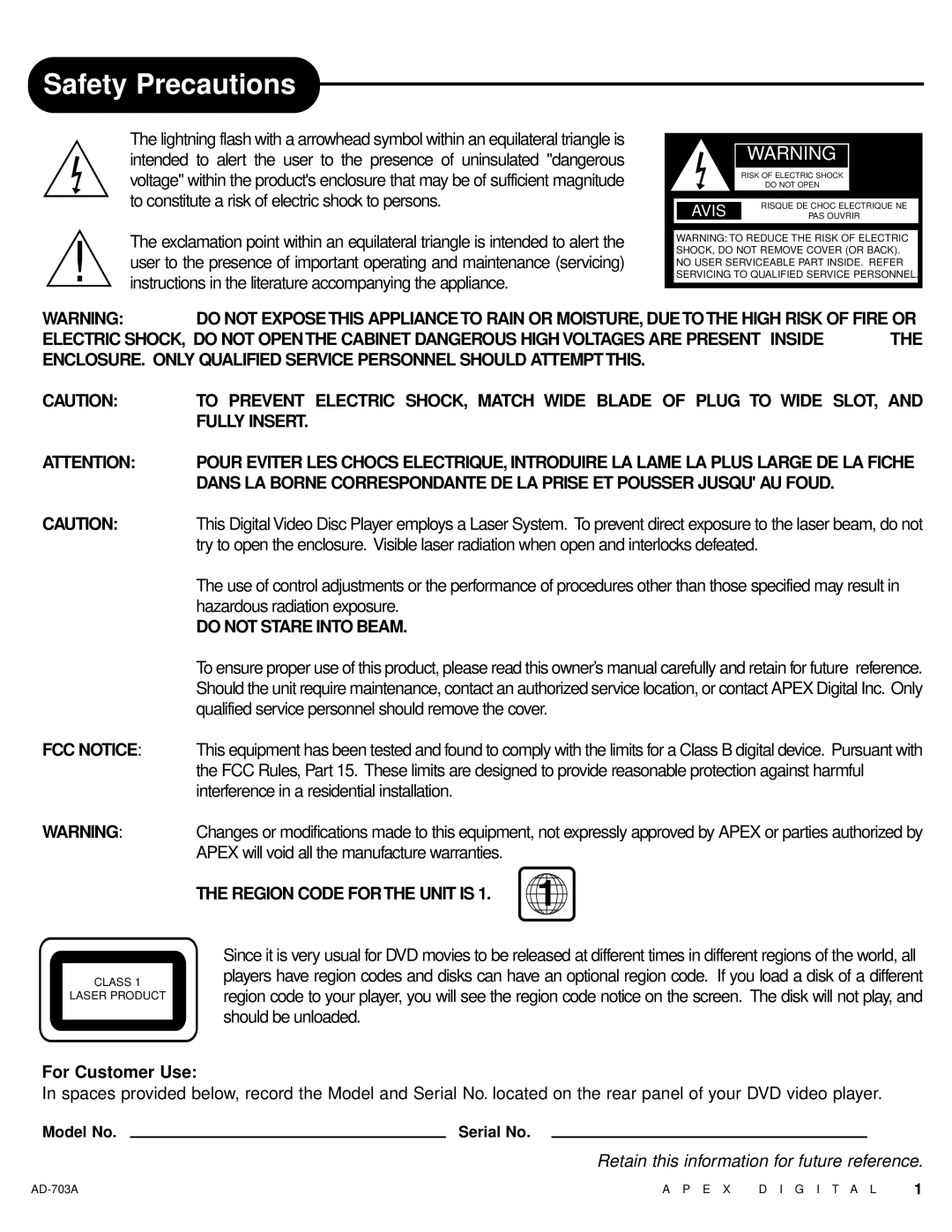 Apex Digital AD-703A warranty Safety Precautions 