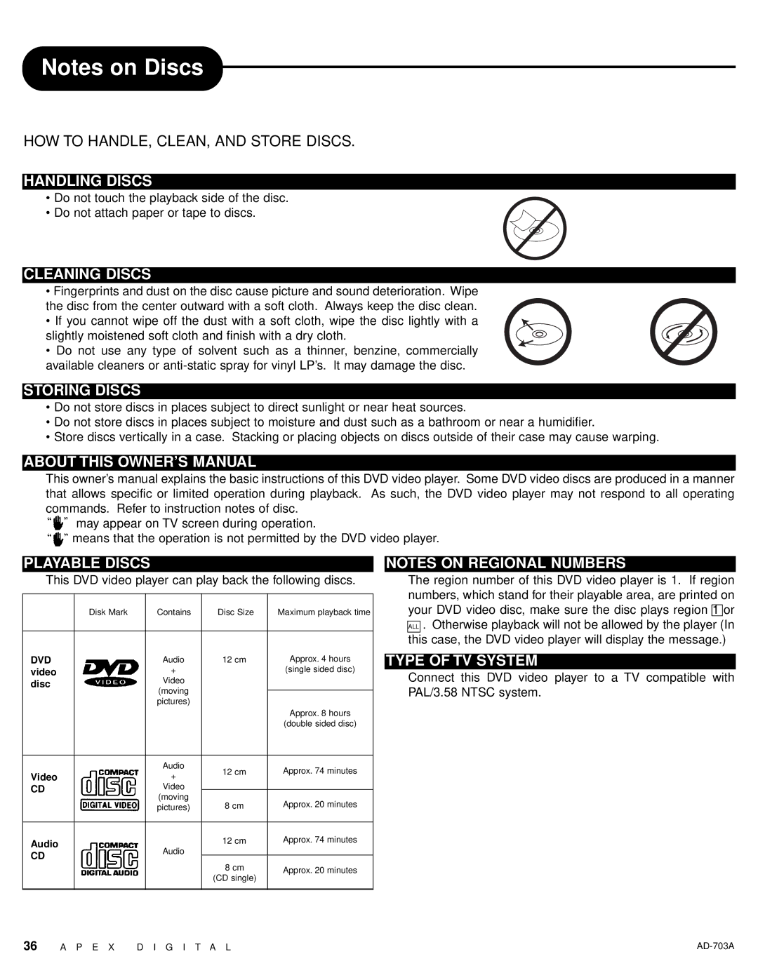 Apex Digital AD-703A warranty Handling Discs, Cleaning Discs, Storing Discs, Playable Discs, Type of TV System 