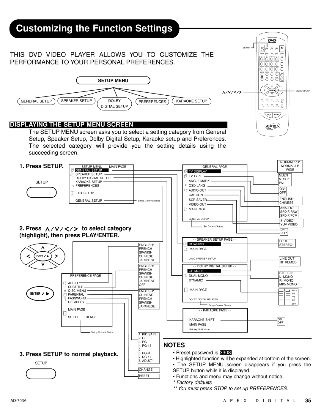 Apex Digital AD-703A warranty Customizing the Function Settings, Displaying the Setup Menu Screen 