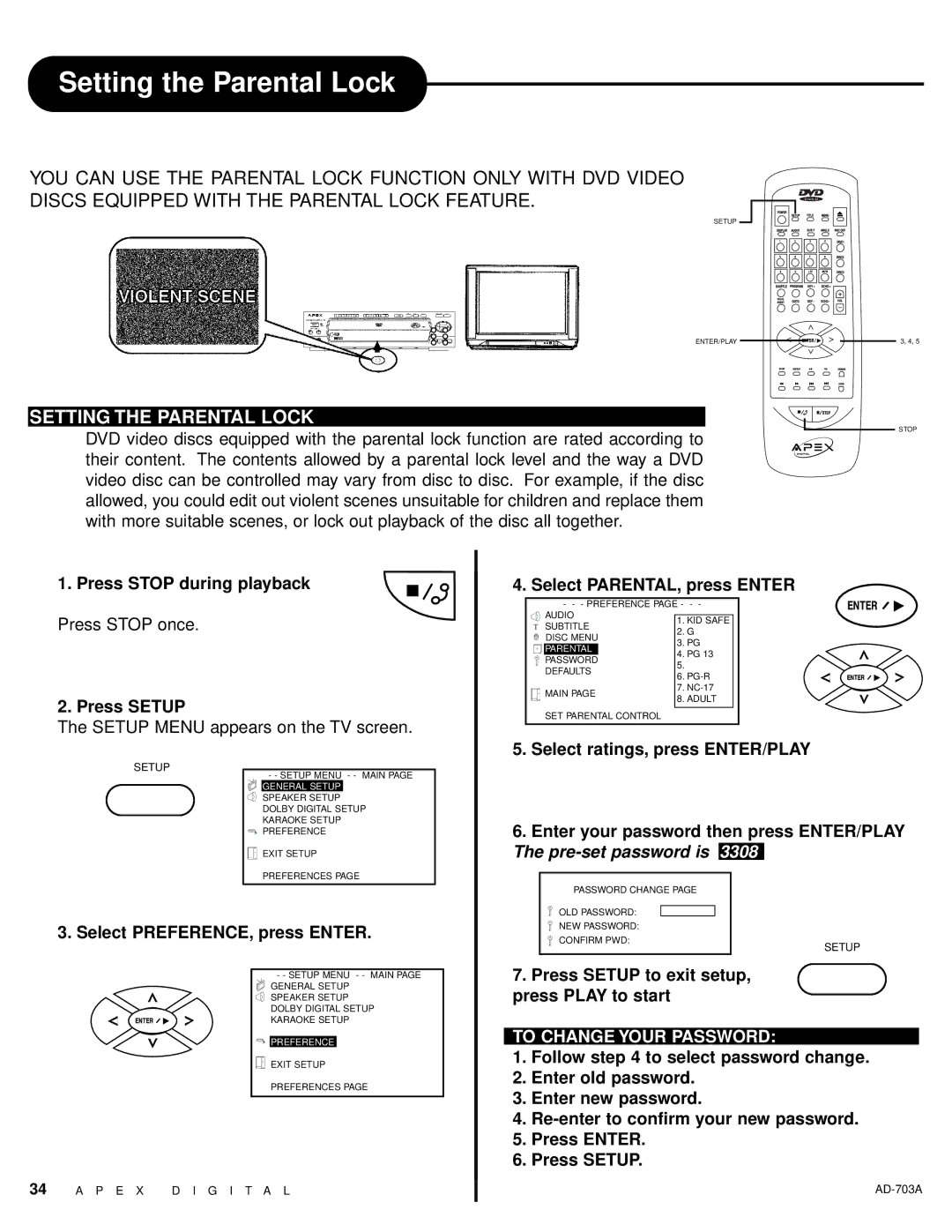 Apex Digital AD-703A warranty Setting the Parental Lock 