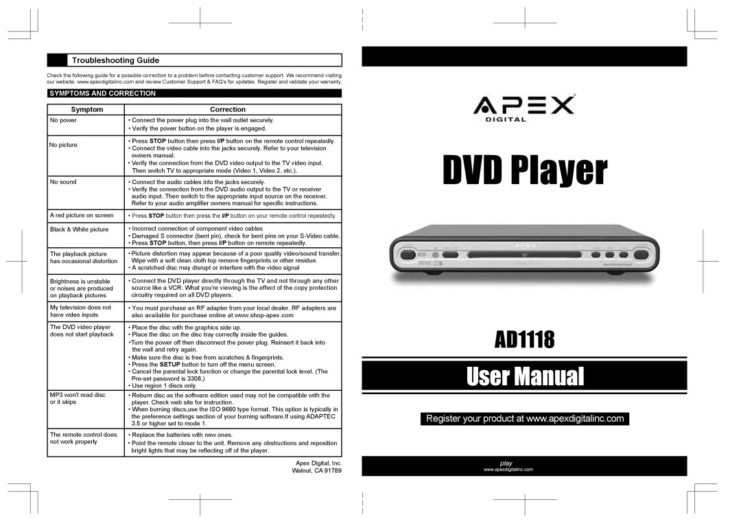 Apex Digital AD1118 user manual Troubleshooting Guide, Symptoms and Correction 