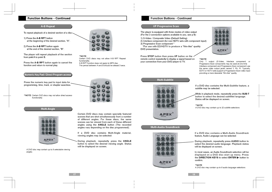 Apex Digital AD1118 Repeat, Progressive Scan, Numeric Key Pad / Direct Program access, Multi-Angle, Multi-Subtitle 