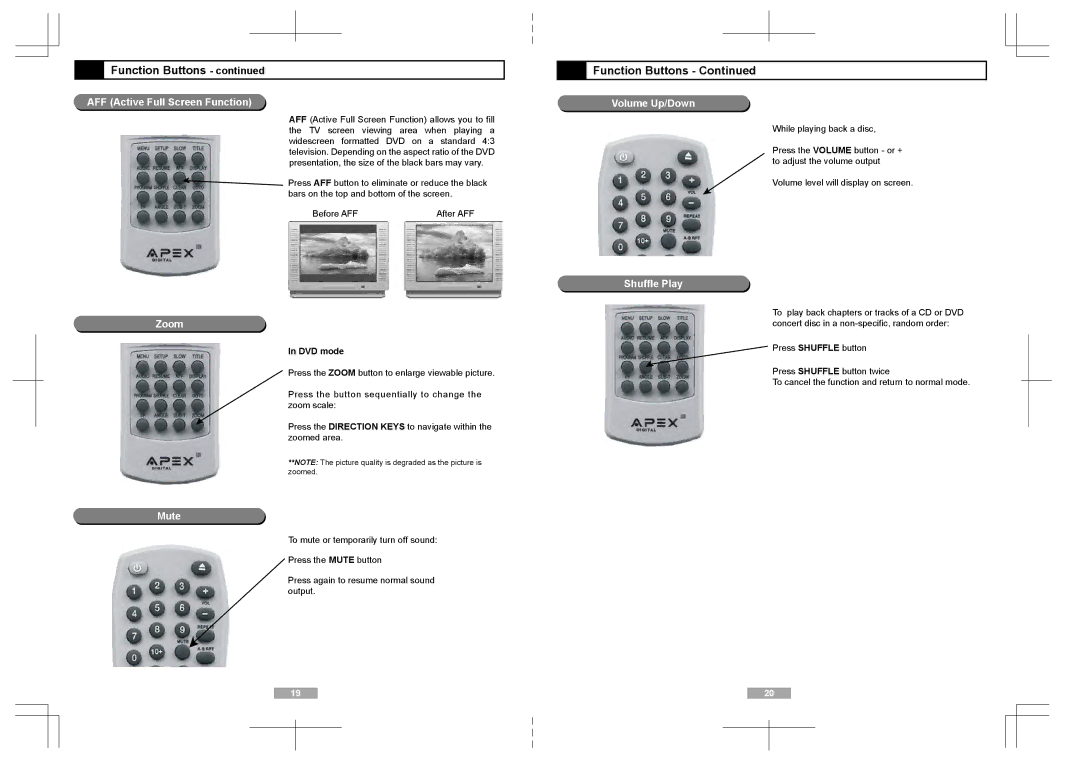 Apex Digital AD1118 user manual AFF Active Full Screen Function, Volume Up/Down, Shuffle Play Zoom, Mute, DVD mode 