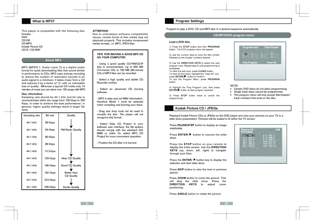 Apex Digital AD1118 What is MP3?, Program Settings, Kodak Picture CD / JPEGs, About MP3, CD/MP3/DVD program menu 