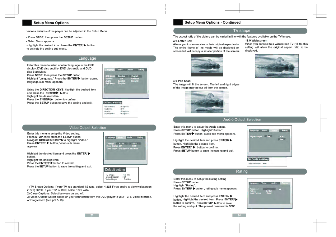 Apex Digital AD1118 user manual Setup Menu Options, Letter Box Widescreen, Pan Scan 