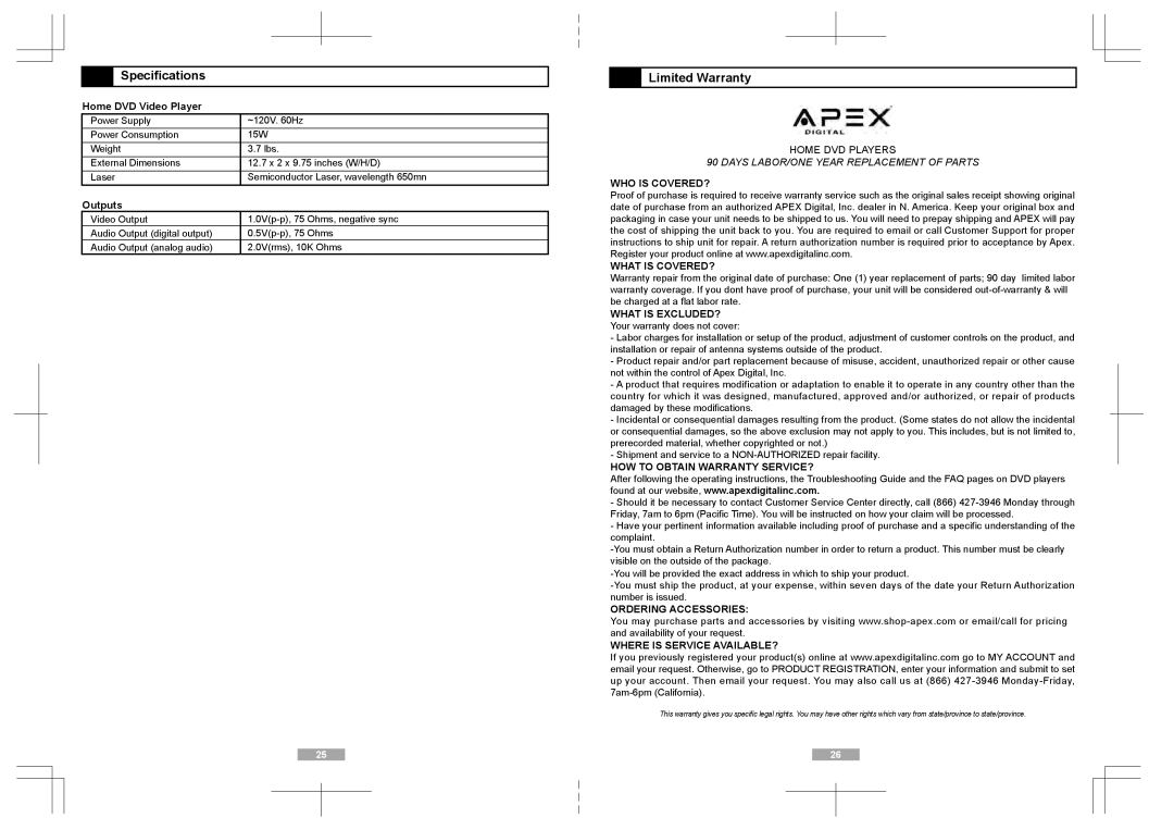 Apex Digital AD1118 user manual Specifications, Limited Warranty 