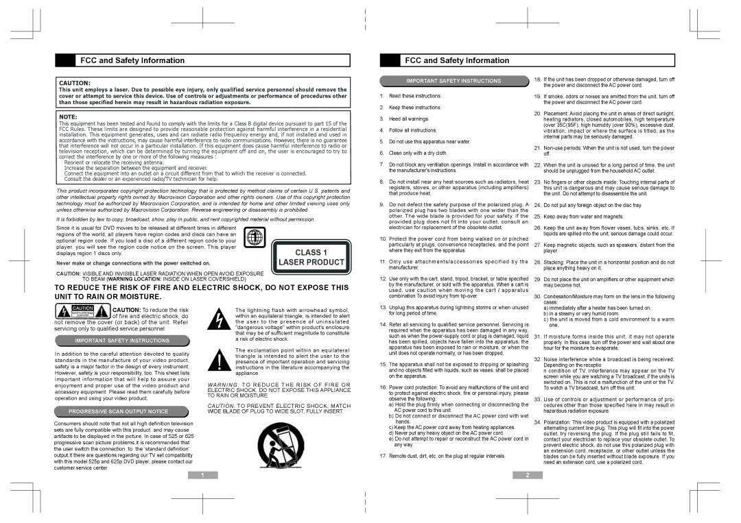 Apex Digital AD1118 user manual FCC and Safety Information, Laser Product 