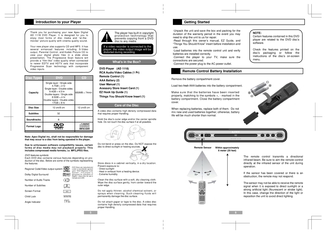 Apex Digital AD1118 user manual Introduction to your Player, Getting Started, Remote Control Battery Installation 