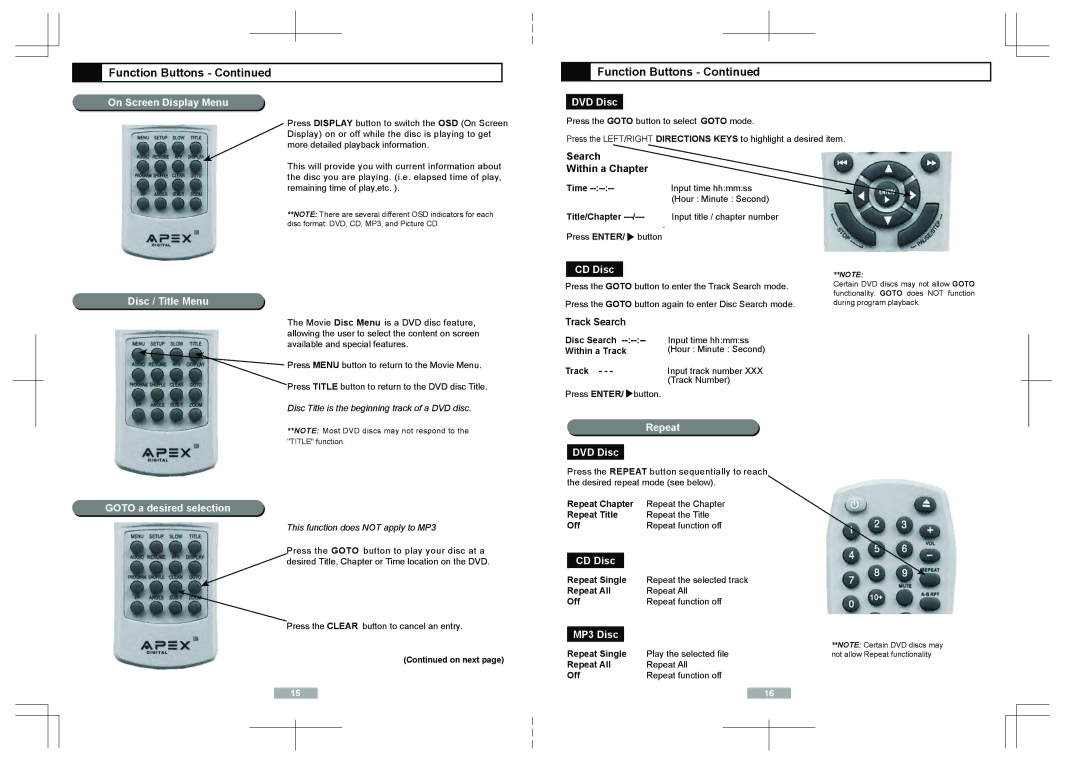 Apex Digital AD1118 user manual On Screen Display Menu, DVD Disc, Disc / Title Menu, CD Disc, Goto a desired selection 