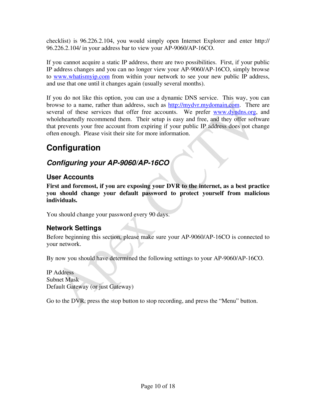 Apex Digital manual Configuration, Configuring your AP-9060/AP-16CO, User Accounts, Network Settings 
