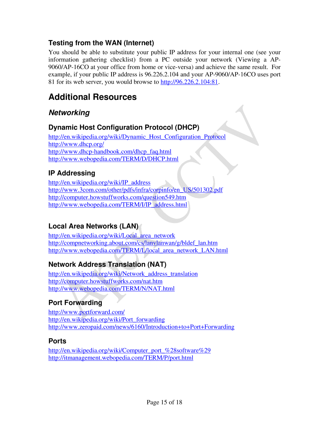 Apex Digital AP-16CO, AP-9060 manual Additional Resources, Networking, Testing from the WAN Internet, Port Forwarding Ports 