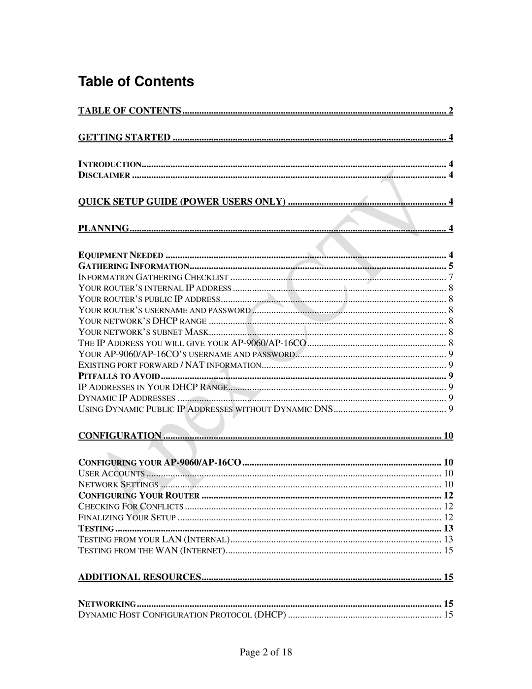 Apex Digital AP-9060, AP-16CO manual Table of Contents 