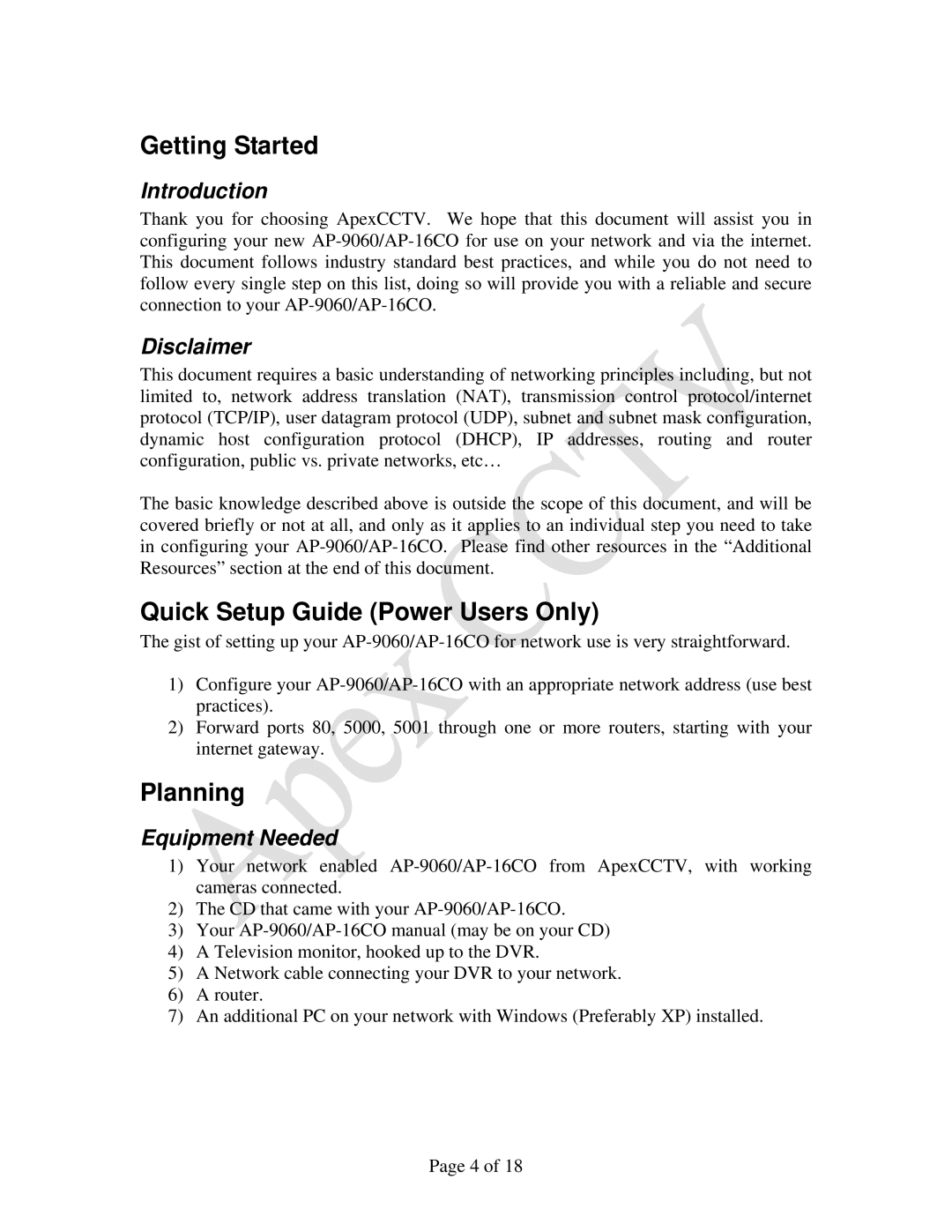 Apex Digital AP-9060, AP-16CO manual Getting Started, Quick Setup Guide Power Users Only, Planning 