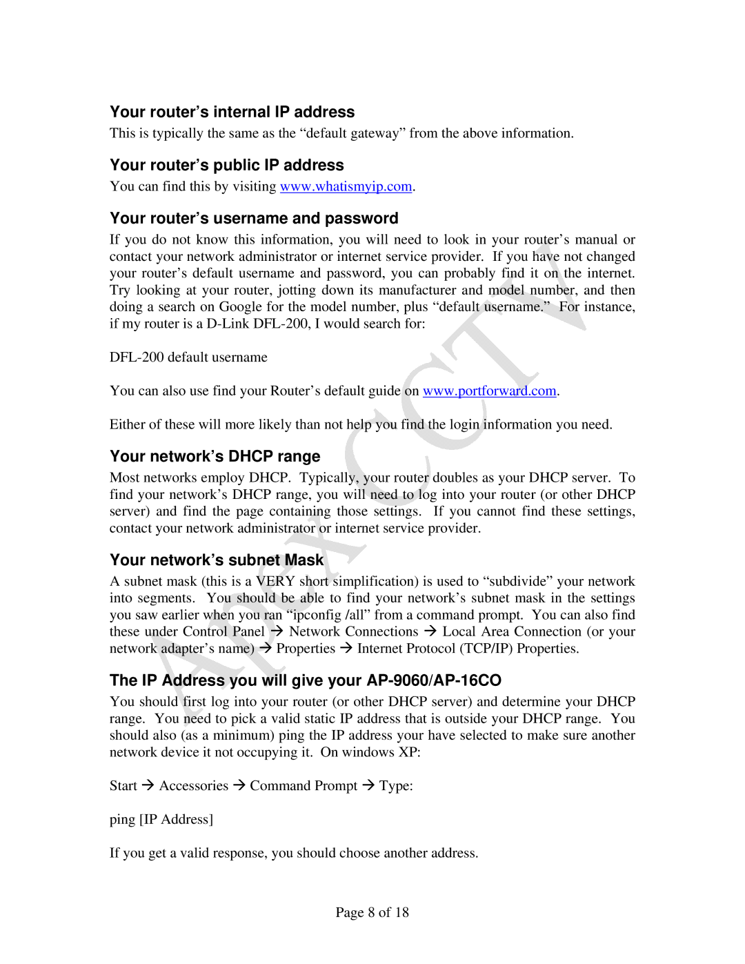 Apex Digital AP-9060, AP-16CO Your router’s internal IP address, Your network’s Dhcp range, Your network’s subnet Mask 