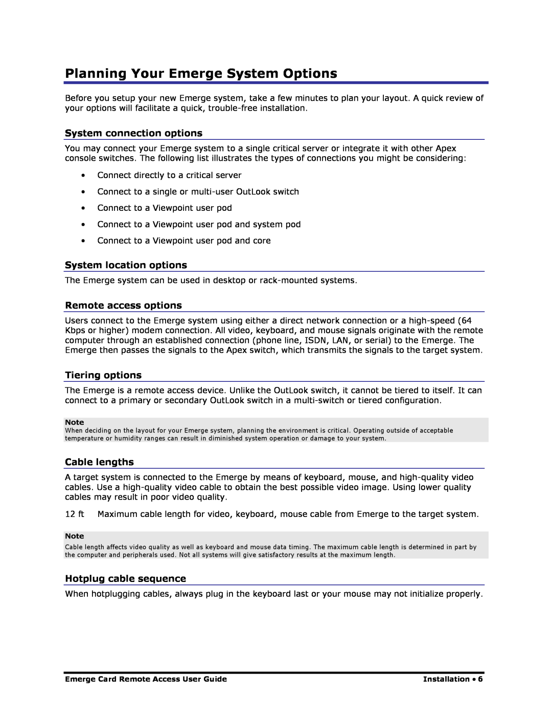 Apex Digital Apex EmergeCard Remote Access Planning Your Emerge System Options, System connection options, Tiering options 