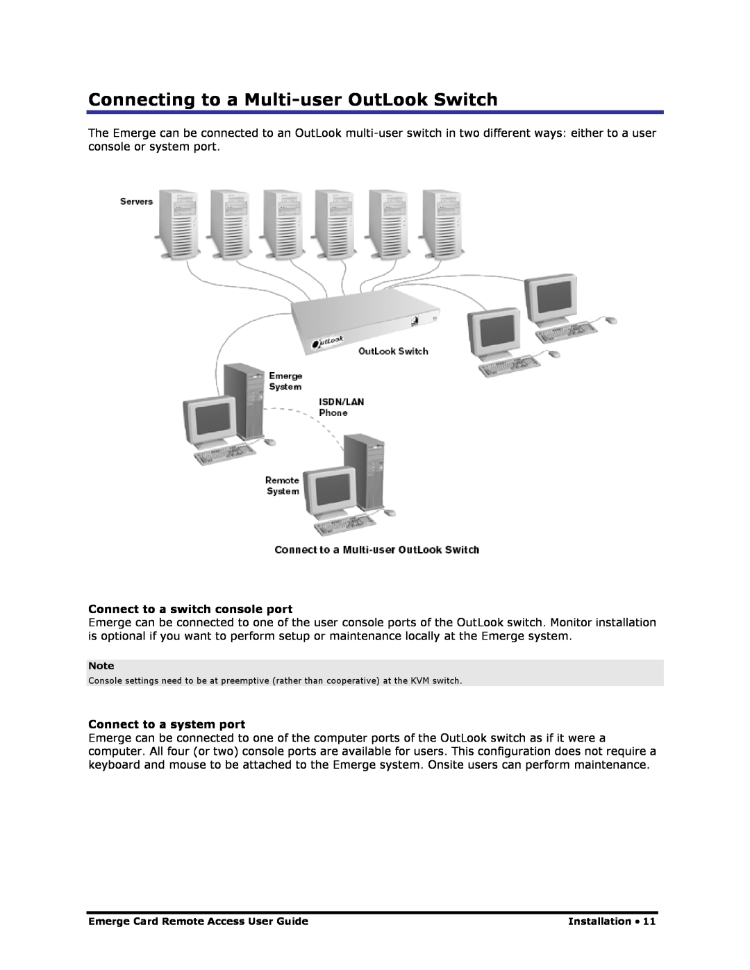 Apex Digital Apex EmergeCard Remote Access manual Connecting to a Multi-user OutLook Switch, Connect to a system port 